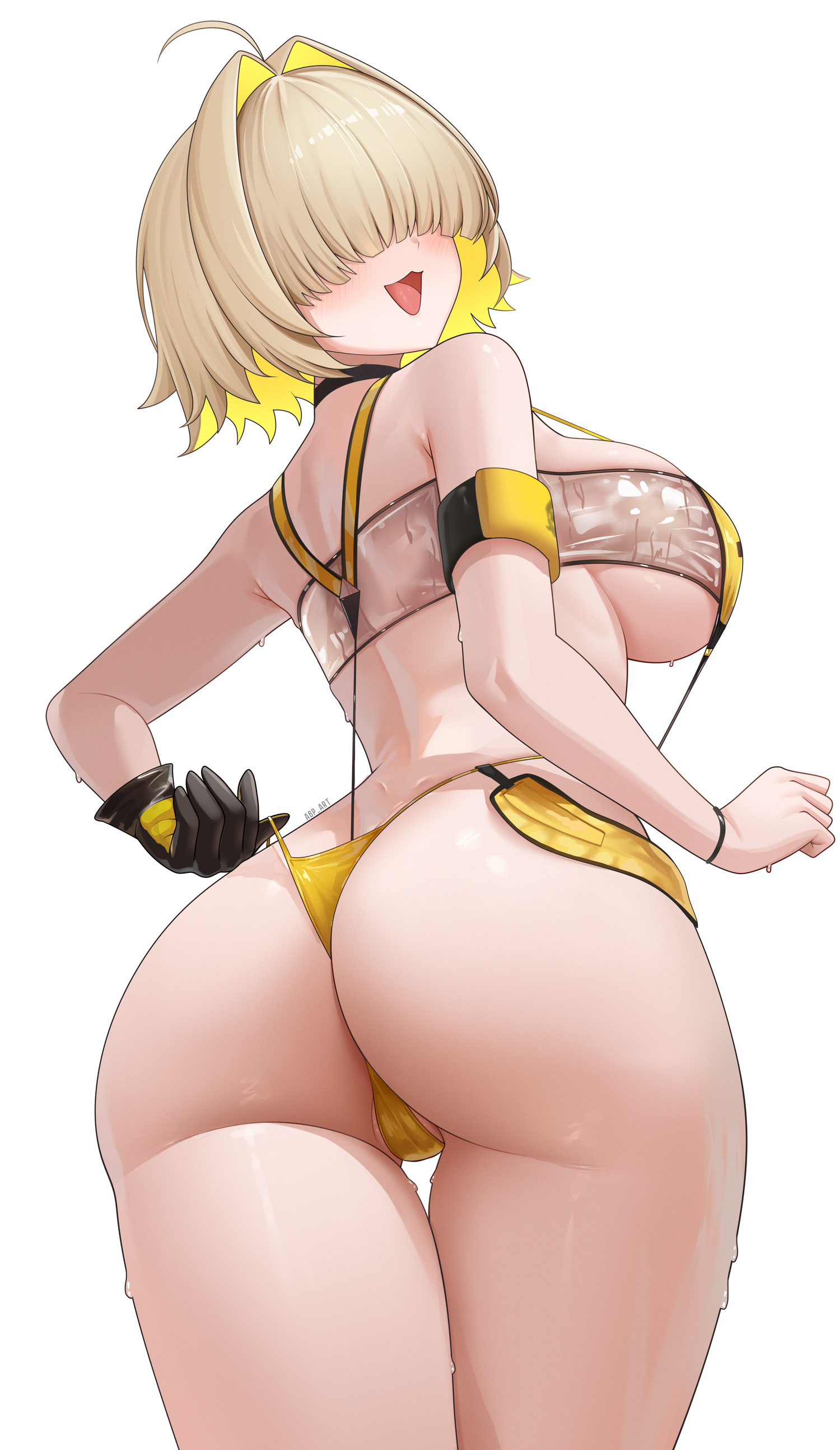 :3, abpart, absurdres, ahoge, artist name, ass, back, back view, bare shoulders, black gloves, blonde hair, blush, colored inner hair, elegg (boom and shock) (nikke), elegg (nikke), female, from behind, gloves, goddess of victory: nikke, hair intakes, hair over eyes, highres, looking back, multicolored hair, official alternate costume, open mouth, paid reward available, partially visible vulva, pussy, short hair, simple background, single glove, smile, solo, swimsuit, thighs, white background