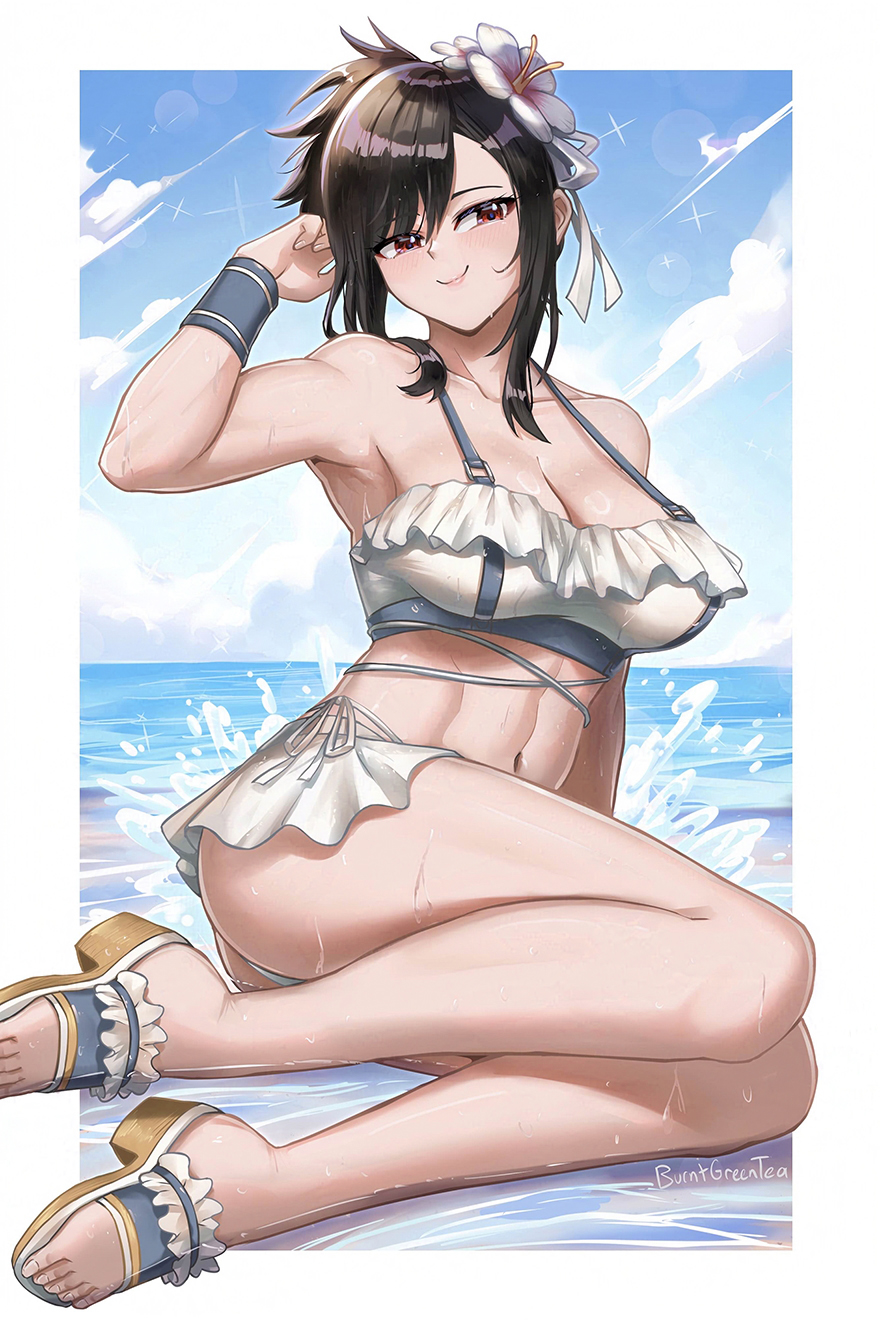 1girls, beach, bikini, bikini skirt, black hair, breasts, burnt green tea, female, female only, final fantasy, final fantasy vii, final fantasy vii rebirth, final fantasy vii remake, flower, frilled bikini, frilled bikini top, frills, hair flower, hair ornament, highres, large breasts, microskirt, official alternate costume, official alternate hairstyle, red eyes, sandals, skirt, solo, swimsuit, thighs, thong bikini, tifa lockhart, tifa lockhart (shining spirit), toned, toned female, water, wet, white bikini, wristband