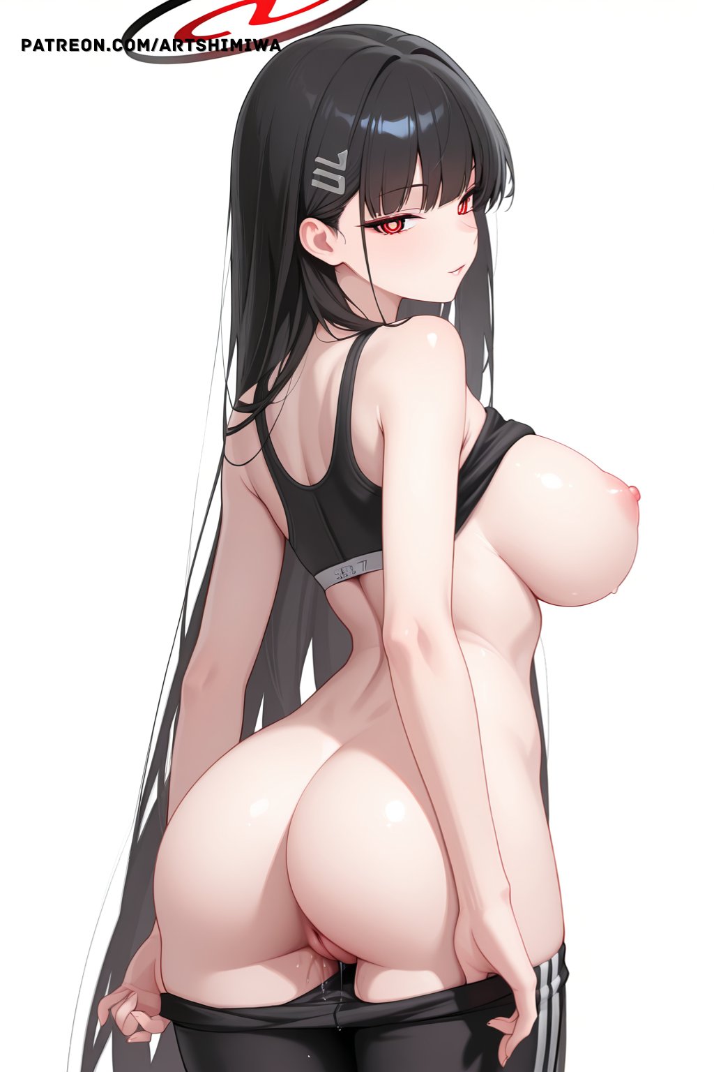 ai generated, breasts, breasts out, female, leggings, presenting ass, presenting pussy, pussy, rio (blue archive), sideboob, spicy miwa, sports bra
