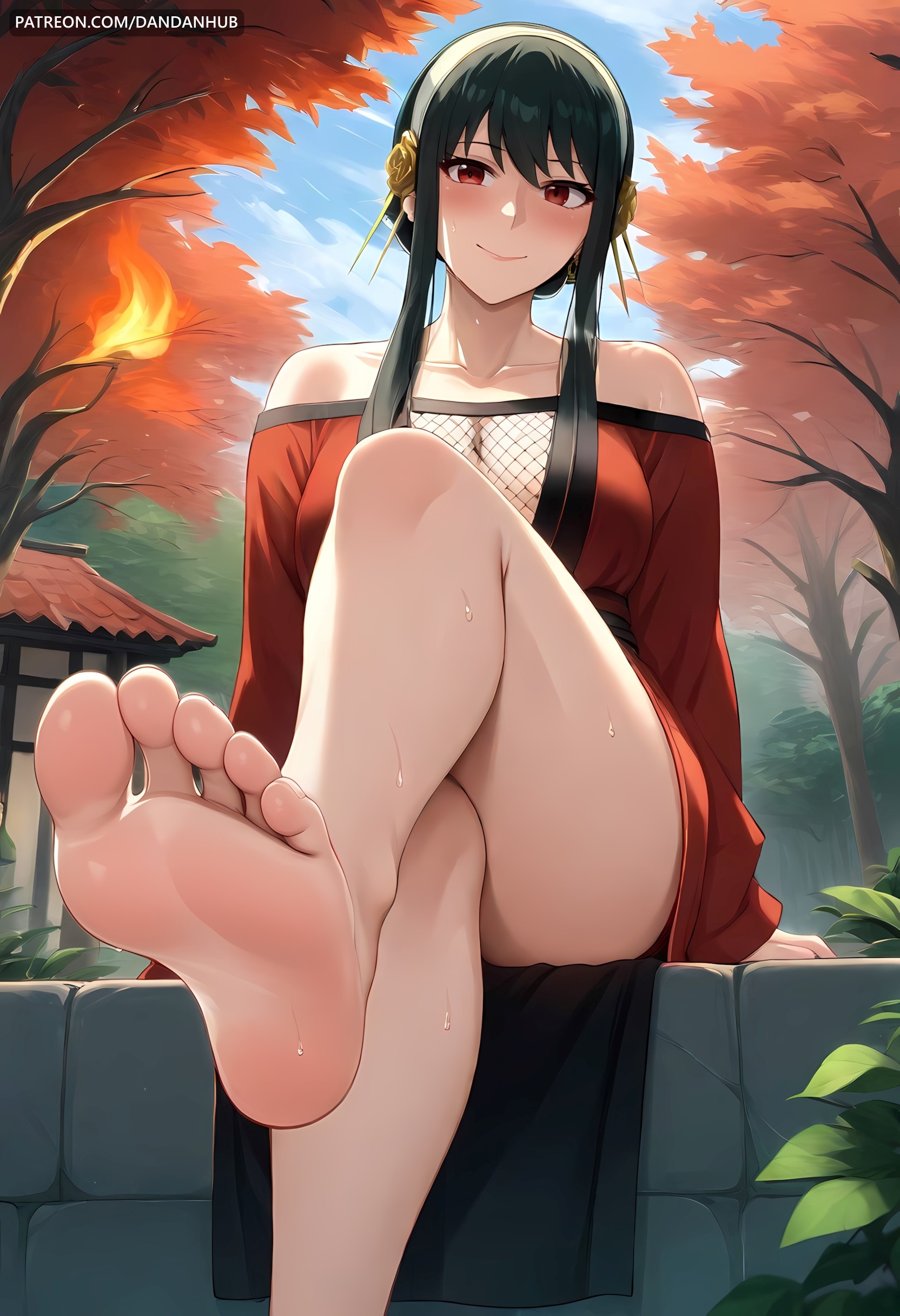 ai generated, bangs, bare legs, bare shoulders, barefoot, black hair, blue sky, blush, breasts, cleavage, closed mouth, collarbone, crossed legs, dandanhub, day, dress, earrings, feet, female, female only, fishnets, foot focus, foreshortening, gold earrings, hair ornament, hairband, jewelry, large breasts, legs, long hair, looking at viewer, off shoulder, outdoors, patreon username, red eyes, sidelocks, sitting, sky, smile, soles, solo, spy x family, sweat, thighs, toes, tree, yor briar, yor forger