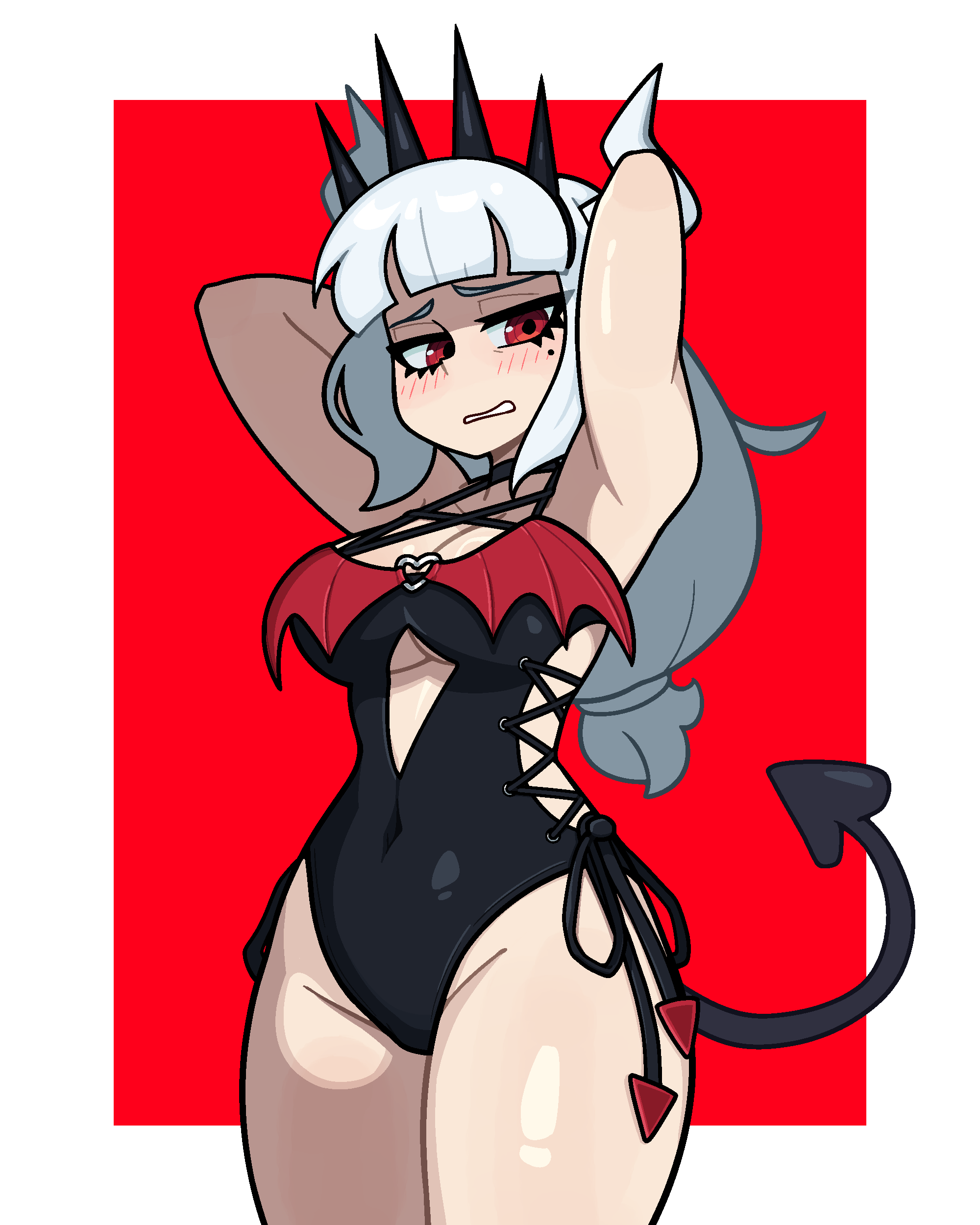 arms behind head, arms up, bat wings, corset, crown, cutout, cutout above navel, demon, demon girl, demon horns, demon tail, female, helltaker, horns, lace, leotard, long hair, lucifer (helltaker), muds, petite, red eyes, tagme, tail markings, thighs, unsure, white hair