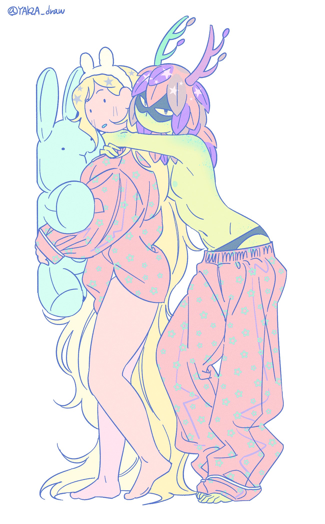 2girls, adventure time, adventure time: fionna & cake, blonde female, blonde hair, bottomless, bottomless female, branch horns, bunny ears (cosmetic), fionna the human girl, green body, green eyes, green skin, huntress wizard, leaf hair, leaf on head, nipples, yakza draw, yuri