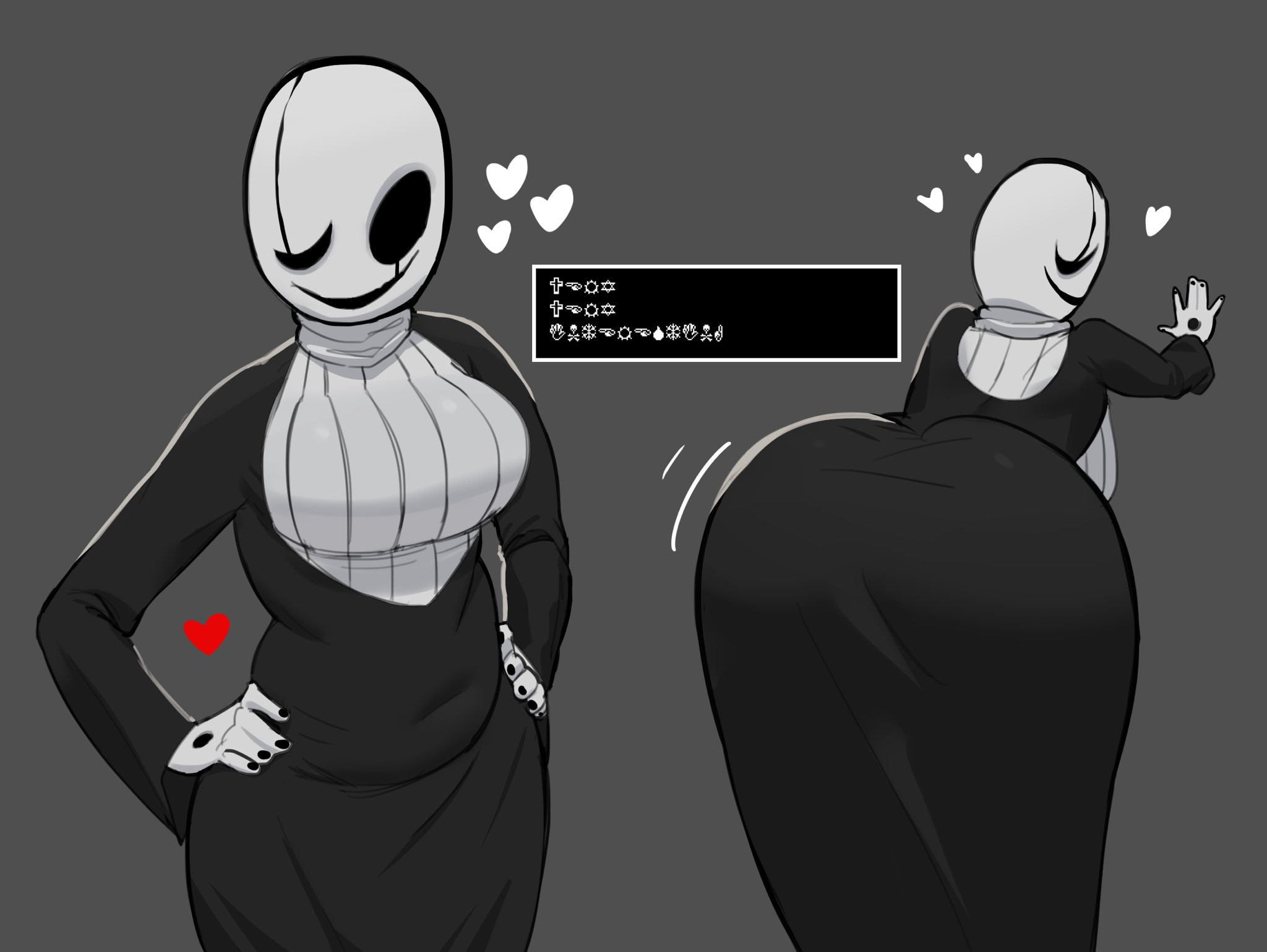 big ass, big breasts, breasts, deltarune, fem gaster, female, gaster, genderbend, genderswap, huge ass, huge breasts, kitapult, rule 63, simple background, soul (undertale), text, undertale, undertale (series), wingdings, wingdings text