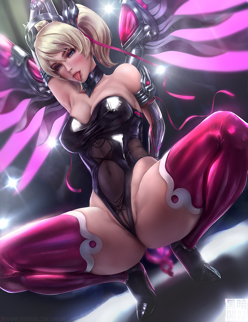 1girls, alternate costume, angela ziegler, armpits, bare shoulders, belly, big breasts, blizzard entertainment, blonde hair, bodysuit, breasts, cameltoe, cleavage, crown, female, female only, gloves, high heels, latex, limgae, looking at viewer, mercy, navel, open mouth, overwatch, pink mercy, pussy, saliva, see-through, shiny, shiny suit, smile, solo, spread legs, squatting, text, thick thighs, thighhighs, tongue, tongue out, url, watermark, wide hips, wings