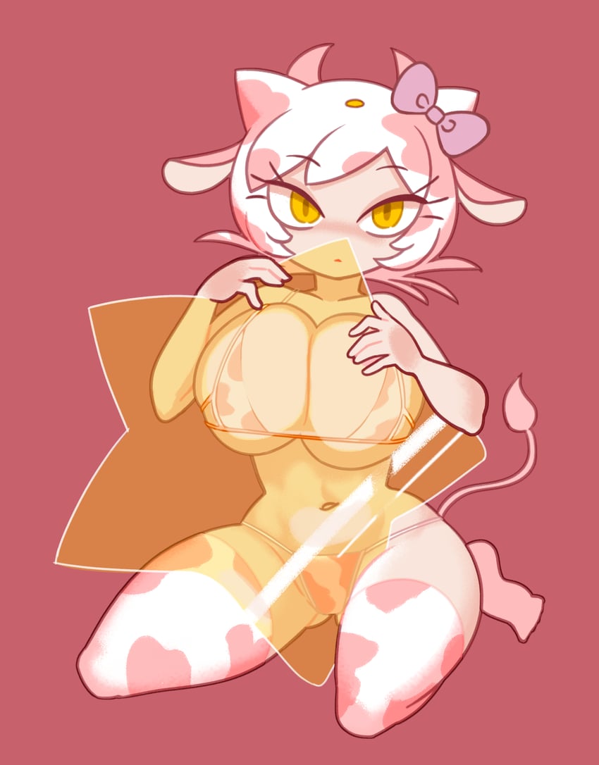 1girls, bikini, breast press, breasts, cat ears, cat girl, cat tail, catgirl, cow print, cow print armwear, cow print bikini, cow print legwear, cow print panties, cow print thighhighs, female, female focus, female only, gloves, golden eyes, hello kitty, hello kitty (character), hello kitty (series), kitty white, large breasts, looking at viewer, minus8, pink background, sanrio, short hair, solo, tail, thighhighs, yellow eyes