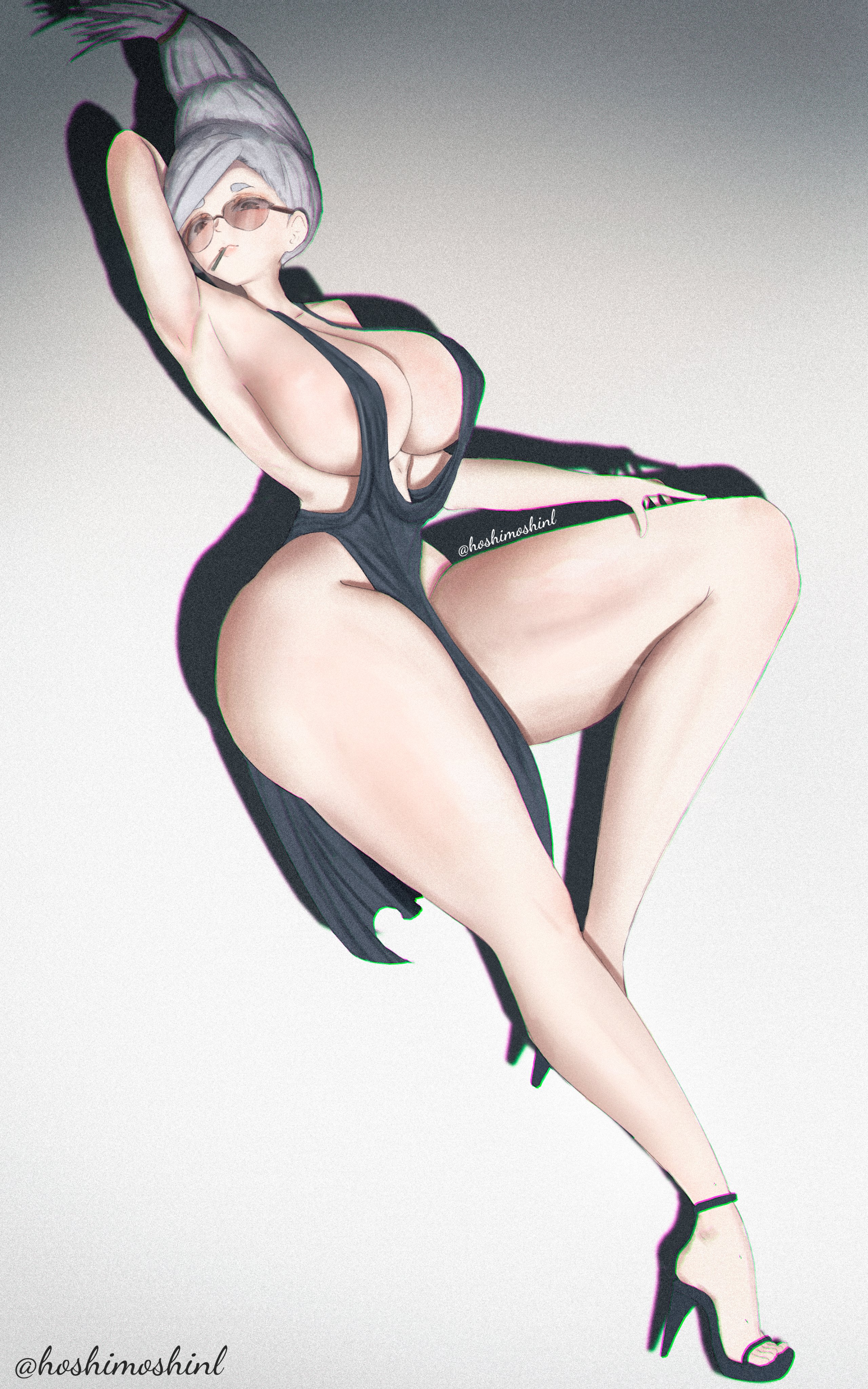 1girls, ayase seiko, big ass, big breasts, big butt, big nipples, big thighs, big titties, breasts, clothing, covered nipples, curvaceous, curvaceous female, curvaceous figure, curvy, curvy figure, curvy hips, dandadan, female, female only, gilf, glasses, high heel sandals, high heels, hoshimoshinl, long hair, nipples, open toe footwear, open toe heels, open toe shoes, sandals, white hair
