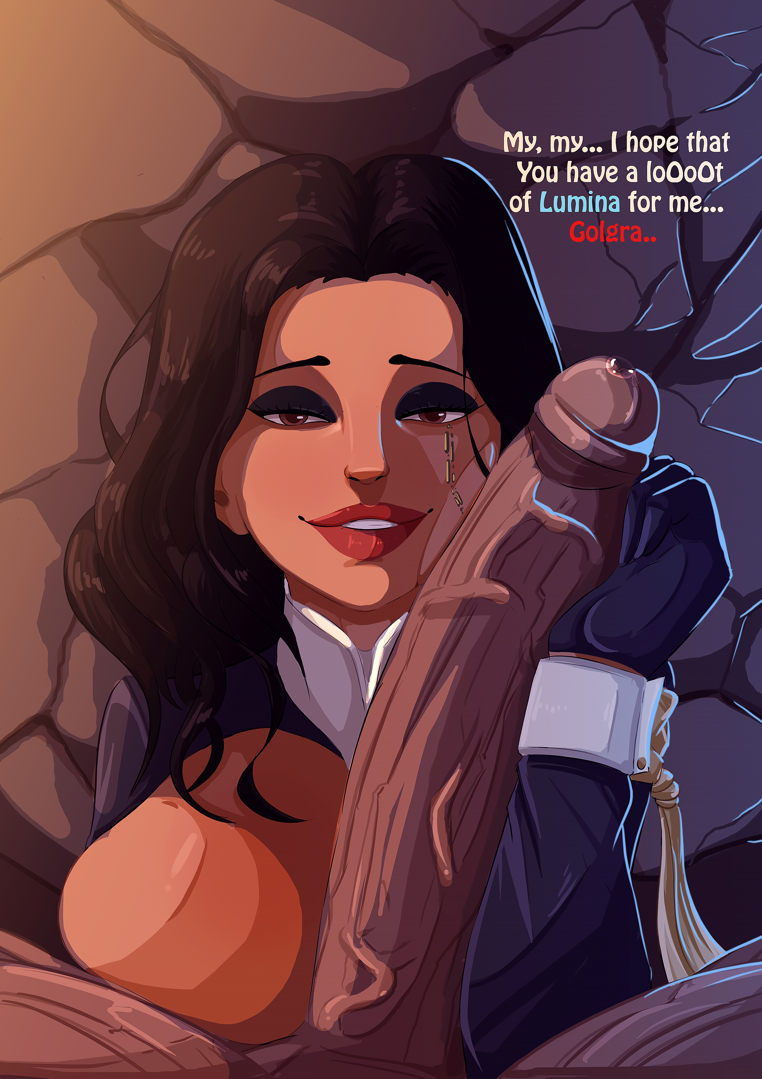 1girl1futa, 2girls, artist request, big breasts, big penis, breasts, brown hair, brunette hair, cave, clair obscur: expedition 33, female, futa on female, futanari, gloves, golgra (clair obscur: expedition 33), intersex, lewd, looking at partner, looking at viewer, lune (clair obscur: expedition 33), male, measuring, measuring penis, milf, penis, penis on face, sandfall interactive, size comparison, size difference, smiling, text