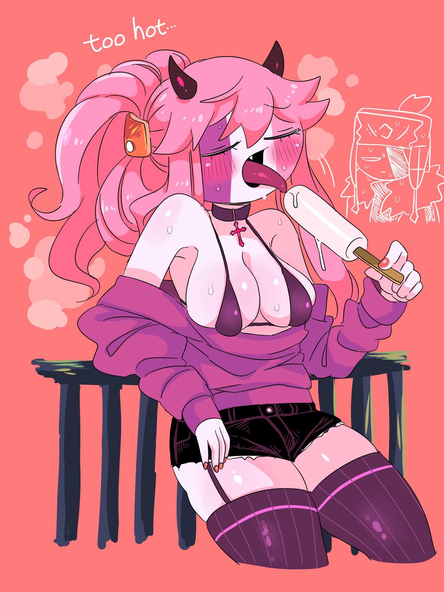 bra, breasts, cute face, demon girl, female, friday night funkin, ice cream, mid fight masses, mkcomvftg123, pink hair, pink skin, sarvente (dokki.doodlez), tagme