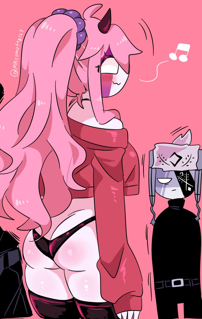 1boy, cute face, demon girl, female, friday night funkin, gray hair, grey skin, male, mid fight masses, mkcomvftg123, pink hair, pink skin, ruv (dokki.doodlez), sarvente (dokki.doodlez), sweater, tagme