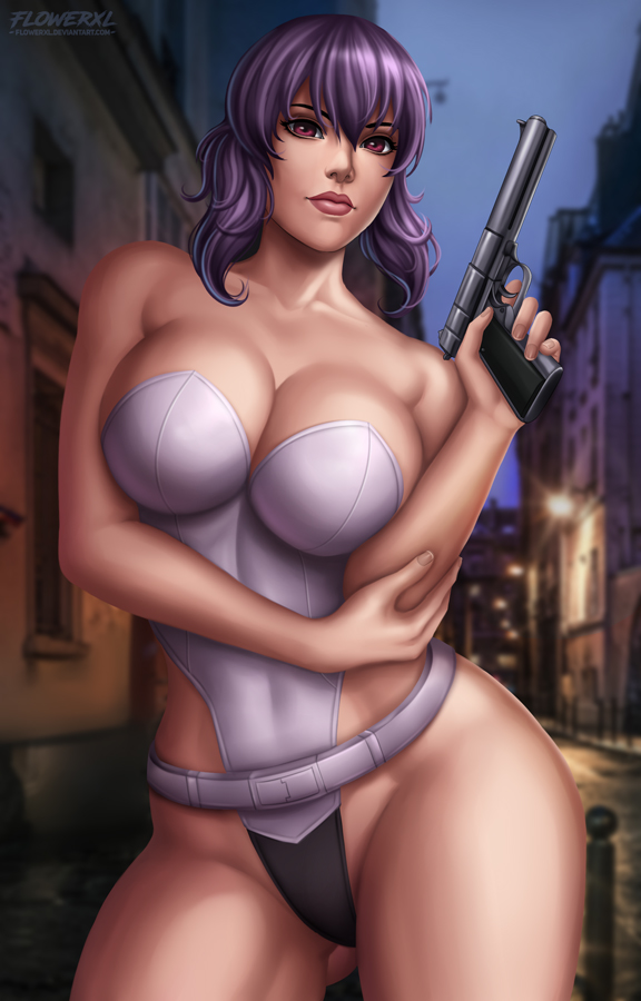 1girls, big breasts, breasts, cleavage, cyborg, female, female only, flowerxl, ghost in the shell, kusanagi motoko, large breasts, light skin, light-skinned female, looking at viewer, pinup, purple hair, short hair, solo