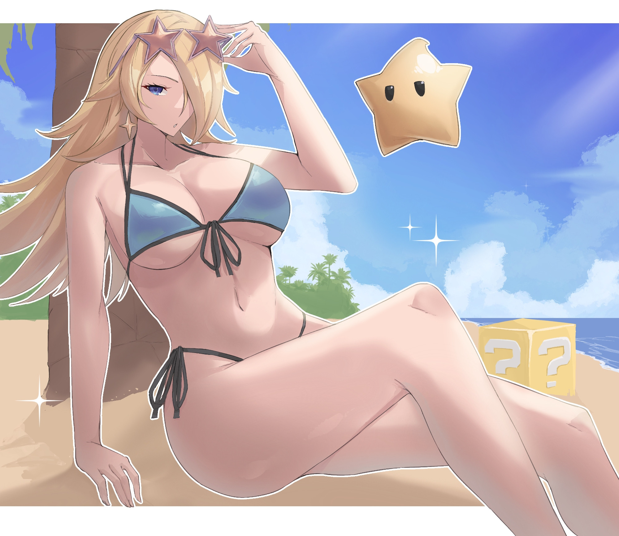? block, 1girls, 1other, 2025, ambiguous gender, baby luma, beach, bikini, blonde female, blonde hair, breasts, calmgreentori, cleavage, digital media (artwork), earrings, female, female only, long hair, luma, mario (series), nintendo, no visible genitalia, princess rosalina, revealing clothes, star, sunglasses, super mario galaxy, swimsuit