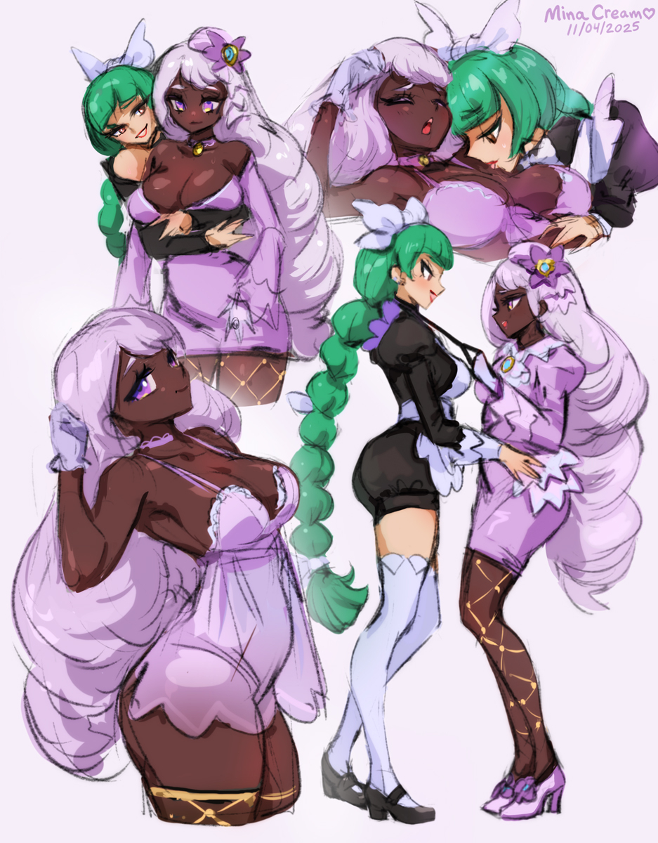 2girls, apron, ass, babydoll, braid, breasts, cleavage, dark skin, dark-skinned female, dress, female, gloves, green hair, harujio (pokemon), highres, jacinthe (pokemon), large breasts, lebanne (pokemon), licking, long hair, long sleeves, maid headdress, minacream, multiple females, multiple girls, nintendo, pokemon, pokemon legends: z-a, puffy sleeves, purple eyes, purple hair, simple background, sketch, smile, thighs, very dark skin, white background, yukari (pokemon), yuri