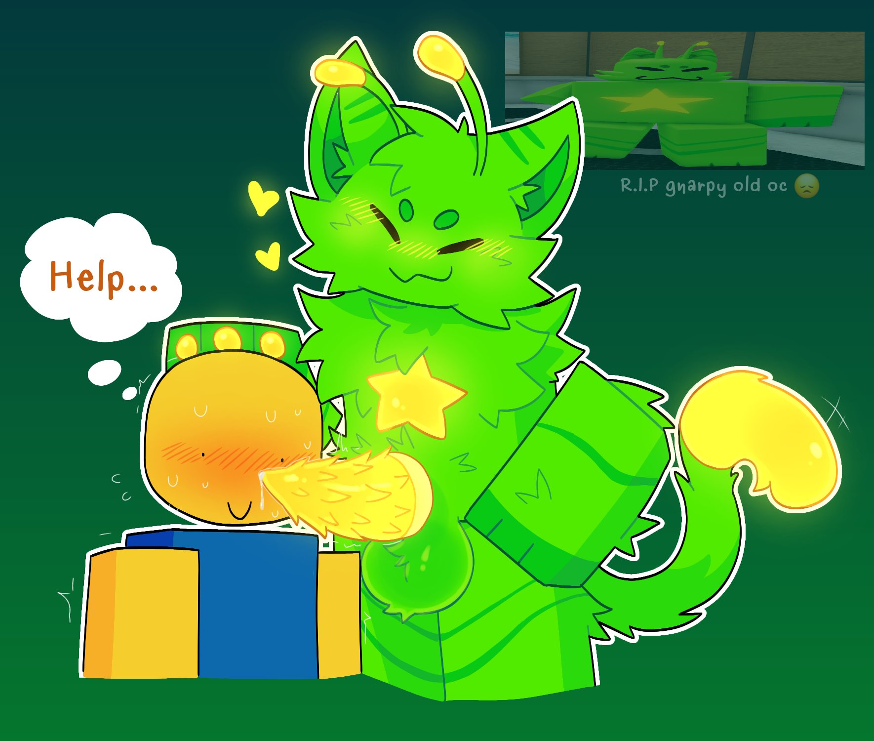 1boy, 1other, accurate robloxian, alien, ambiguous gender, antennae (anatomy), balls, ballsack, blocky body, blush, blushing, cat ears, cat humanoid, cat tail, english text, feline, fur, furry, gnarpy (regretevator), green body, green fur, hearts, male, nejajiku nsfw, nervous, nervous smile, noob, noob (roblox), outline, penis, penis on face, precum, precum drip, presenting penis, reference image, regretevator, roblox, roblox game, robloxian, simple background, sweat, sweating, text, thought bubble, white outline