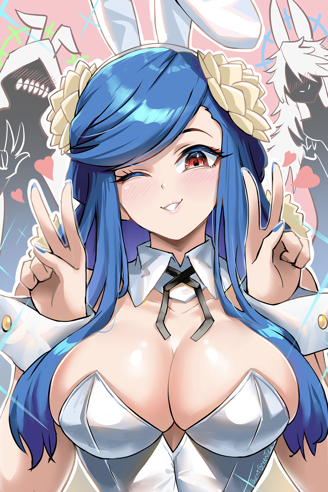 1girls, animal ears, artist name, blue hair, blue nails, blush, breasts, burnt green tea, cleavage, collar, collarbone, dizzy (guilty gear), double v, english commentary, english text, fake animal ears, female, female only, flower, guilty gear, guilty gear strive, hair flower, hair ornament, halo, heart, highres, large breasts, leotard, long hair, mature female, nail polish, necro (guilty gear), one eye closed, open mouth, pink background, pink lips, queen dizzy, rabbit ears, red eyes, sidelocks, smile, solo, spiked halo, swept bangs, thick eyelashes, undine (guilty gear), upper body, v, white collar, white leotard, wrist cuffs