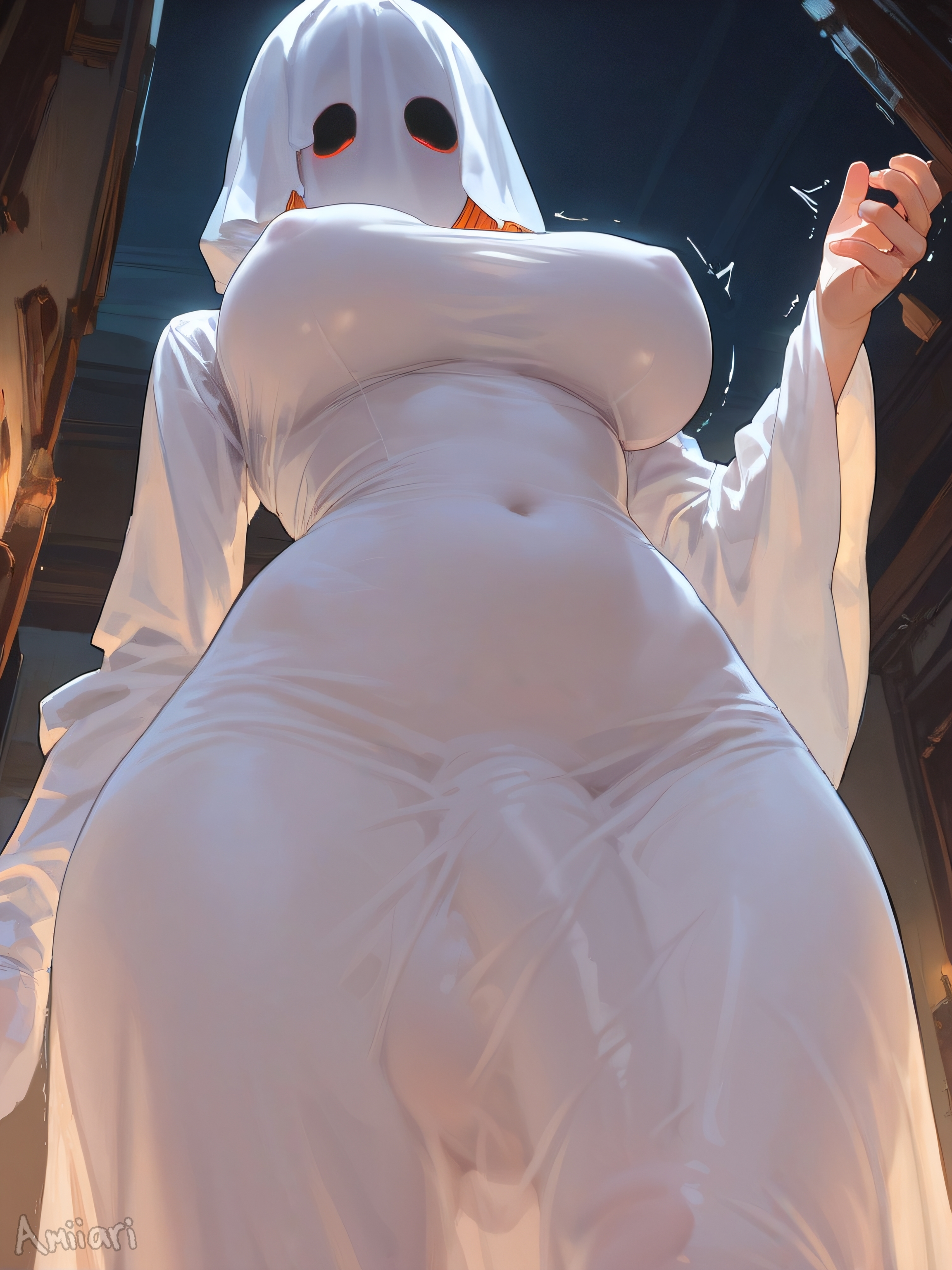 1futa, absurd res, ai generated, amiiari, big breasts, big penis, breasts, bulge, bulge through clothing, detailed, dickgirl, dress, erection, erection under clothes, female, from below, futanari, ghost, ghost costume, ghost girl, hand out, highres, huge breasts, intersex, lan (amiiari), large penis, long penis, massive penis, orange hair, penis, penis silhouette, penis to the knees, penis under clothes, penis under dress, red eyes, short hair, skin tight, skindentation, standing, taker pov, thick thighs, tight dress, white dress
