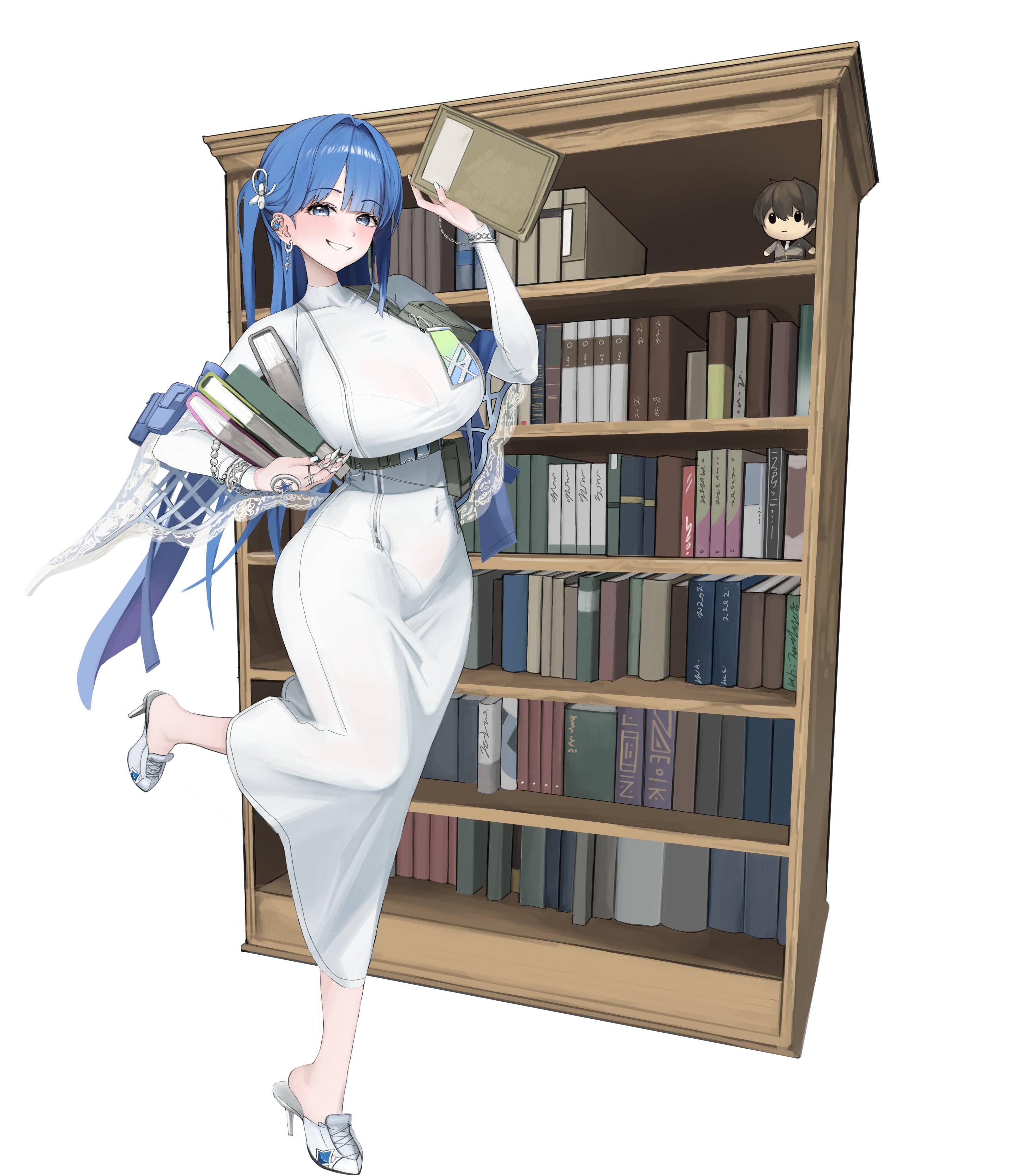 1girls, absurdres, arcana (nikke), big breasts, blue eyes, blue hair, blush, book, bookshelf, breast zipper, breasts, character doll, claws, commander (nikke), doll, dress, ear piercing, earrings, female, female only, full-length zipper, grey eyes, gunu (nyzn3223), hair intakes, hair ornament, high heels, highres, holding, holding book, jewelry, large breasts, long hair, long sleeves, looking at viewer, nightgown, one side up, open mouth, piercing, silver nails, smile, solo, stuffed toy, teeth, tight clothes, tight dress, turtleneck, turtleneck dress, very long hair, white background, white dress, white nails, white nightgown, zipper, zipper dress