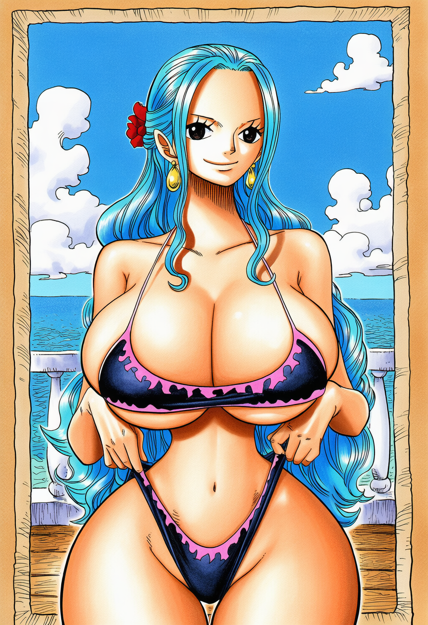 1girls, accurate art style, accuratemanga, ai generated, beach, bikini, black eyes, blue hair, blue-haired female, breasts, clothing, day, female, female only, gigantic breasts, hi res, highres, huge ass, huge breasts, large breasts, light skin, light-skinned female, long hair, looking at viewer, manga, narrow waist, navel, nefertari vivi, one piece, original, outdoors, outside, slim waist, smile, standing, suggestive, thick thighs, wide hips, young