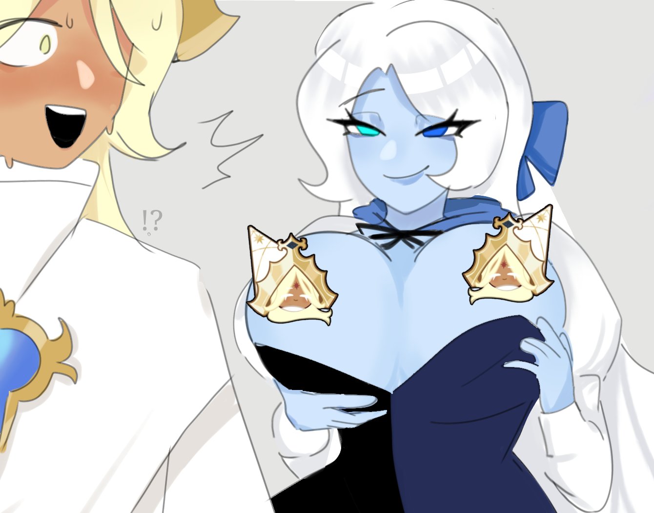 bait, big breasts, breasts, censored, cookie run, cookie run kingdom, female, horny female, huge breasts, lady in azure (shadow milk cookie), pure vanilla cookie, shadow milk cookie, topless female, zilvazy