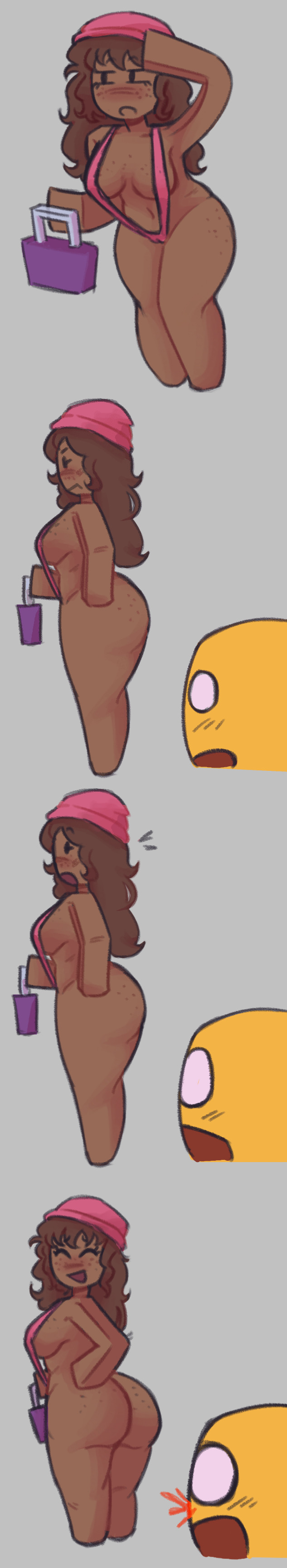 :o, 1girls, ass, ass focus, beanie, block tales, blocky body, blush, blush lines, blushing, breasts, comic, comic strip, cute, dark skin, dark-skinned female, female, female focus, freckles, freckles on ass, freckles on breasts, freckles on face, hambu 5, kyoko (block tales), long hair, looking for someone, nosebleed, pink beanie, player, player (block tales), player character, reaction shot, roblox, roblox game, robloxian, solo focus, surprised, surprised expression, thick thighs, thighs