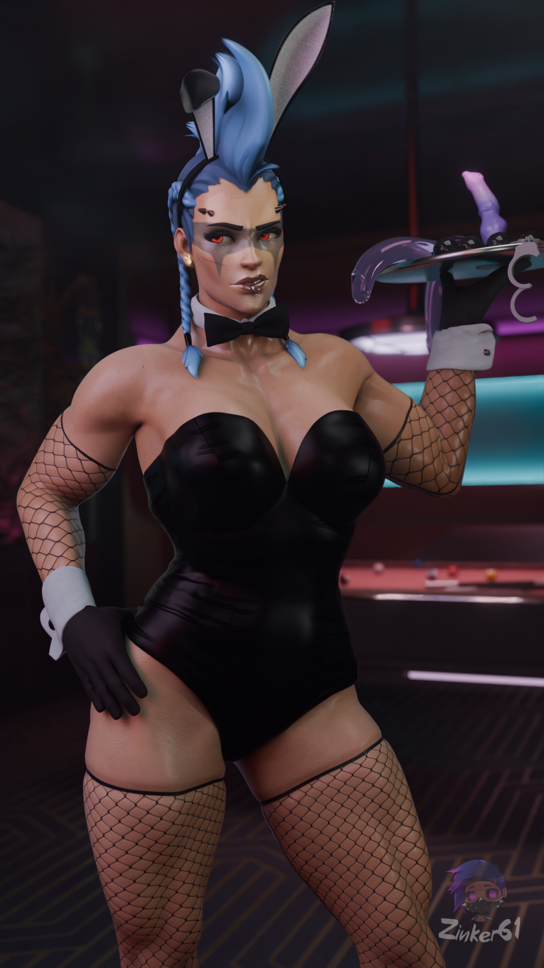 3d, annoyed, blue hair, bunny ears, bunnysuit, club, dildo, female, junker queen, muscular, muscular female, nightclub, overwatch, overwatch 2, red eyes, sex toy, tagme, tray, waitress, zinker