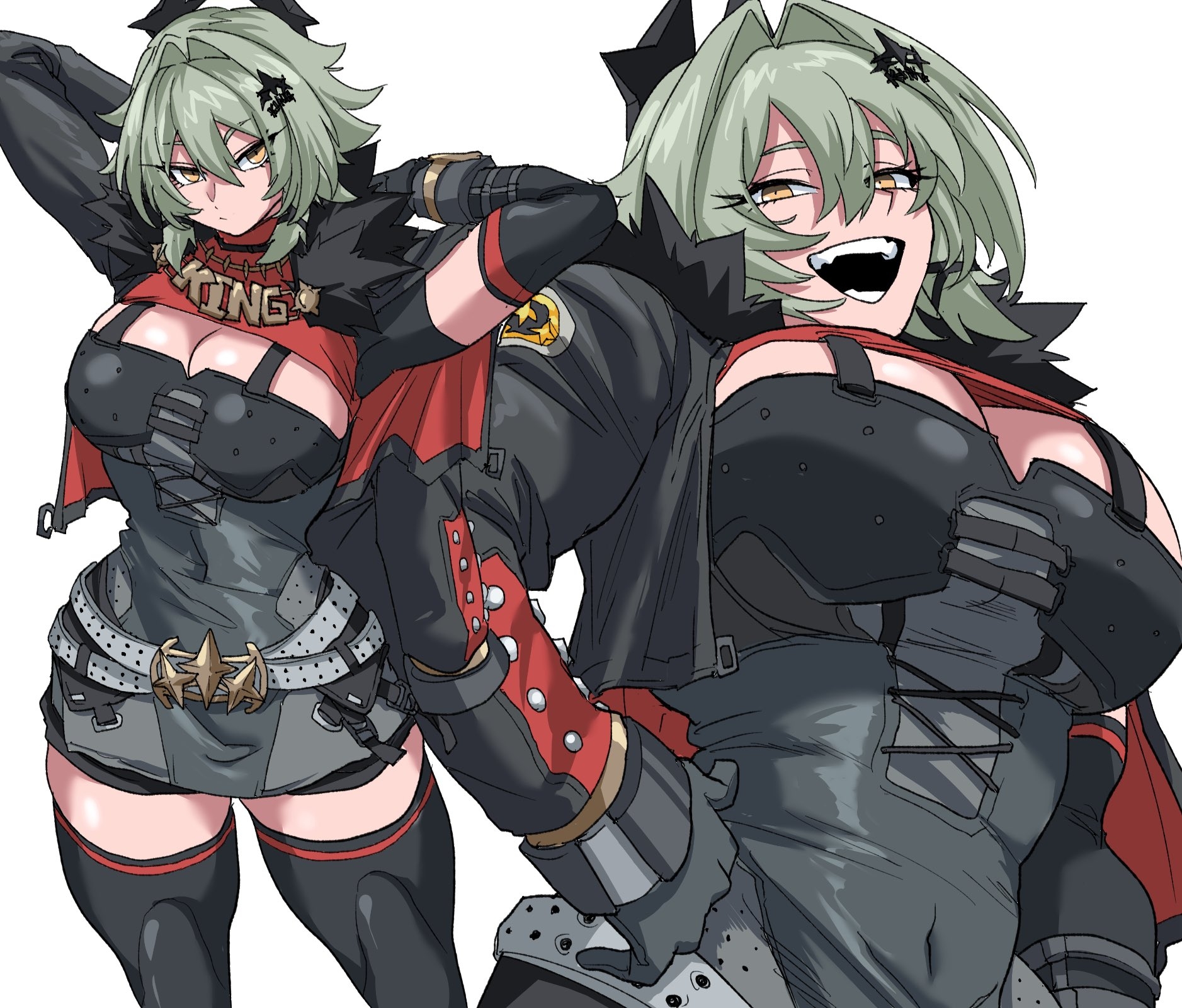 1girls, black dress, black gloves, black thighhighs, breasts, caesar king, caesar king (zenless zone zero), cleavage, dress, female, female only, gloves, green hair, hair ornament, hairclip, highres, ilo a5, large breasts, looking at viewer, nasu (ilo a5), open mouth, simple background, solo, thighhighs, white background, yellow eyes, zenless zone zero
