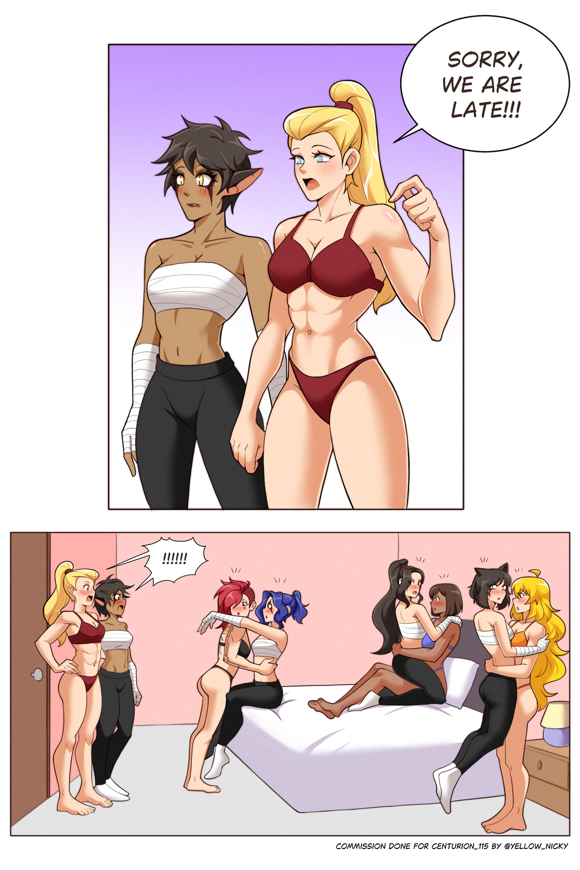 6+girls, adora, arcane, arcane caitlyn, arcane vi, asami sato, blake belladonna, blonde hair, blue hair, caitlyn kiramman, canon couple, cat ears, catgirl, catra, comic, crossover, dark-skinned female, english text, female, female only, female/female, interracial yuri, korra, league of legends, lesbian, lesbian focus, lesbian sex, muscular female, orgy, rwby, she-ra and the princesses of power, speech bubble, the legend of korra, tomboy, vi, yang xiao long, yellow nicky (artist), yuri