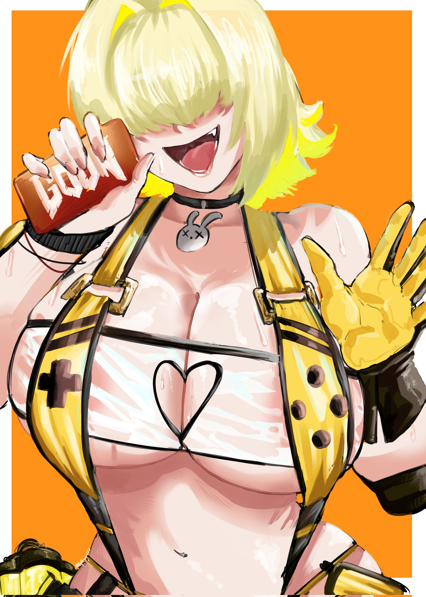 alqkemy777, badonkadonks, big breasts, blonde hair, boobs, breasts, choker, chubby, covered eyes, elegg (boom and shock) (nikke), elegg (nikke), fang, fat tits, female, gloves, goddess of victory: nikke, hair over eyes, huge breasts, human, nikke, pale skin, phone, short hair, smile, suspenders, sweat, tagme, tits