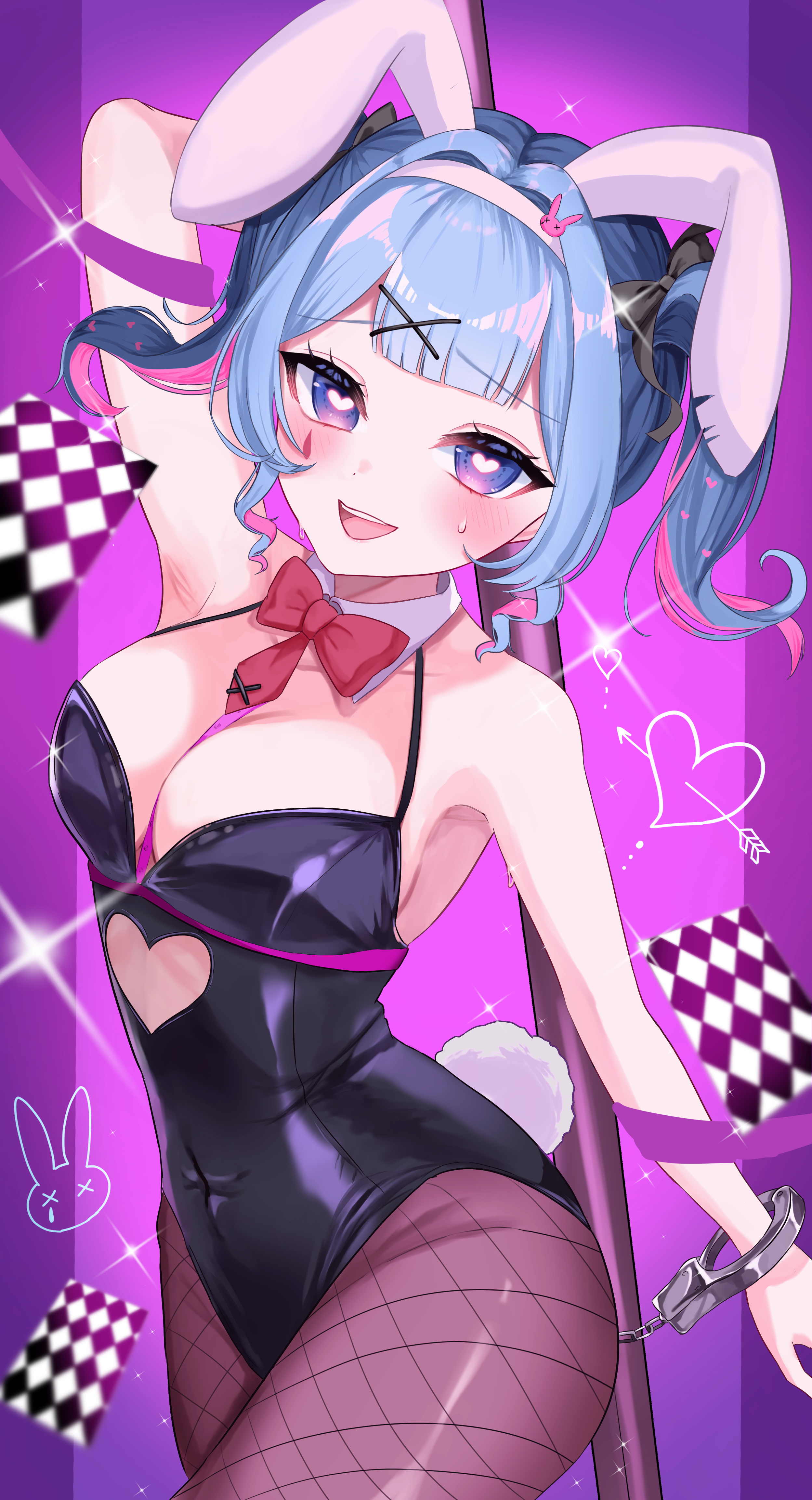 1girl, 1girls, animal ears, armpits, bangs, blue hair, blush, bow, breasts, bunnysuit, cleavage, cuffs, detached collar, fake animal ears, female, fishnet pantyhose, fishnets, hair ornament, handcuffs, hatsune miku, heart, heart-shaped pupils, katouomochi, leotard, looking at viewer, medium breasts, multicolored hair, open mouth, pantyhose, playboy bunny, pole, pole dancing, purple eyes, rabbit ears, rabbit hole (vocaloid), rabbit tail, smile, solo, stripper pole, symbol-shaped pupils, tagme, tail, twintails, virtual youtuber, vocaloid