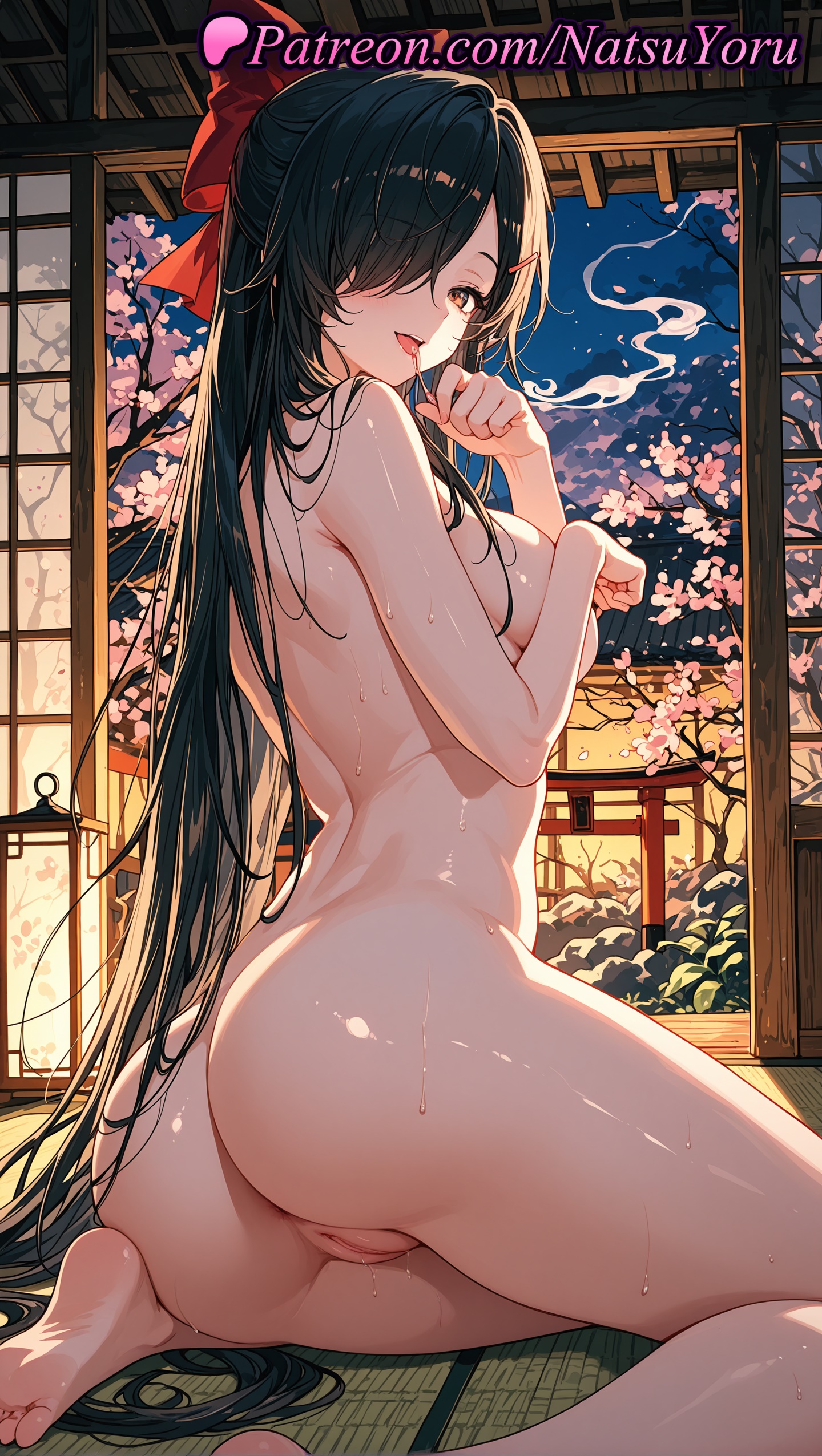 1girls, 2025, ai generated, ass, barefoot, black hair, blush, bow, breasts, completely nude, feet, female, female only, hair over one eye, hairbow, hi res, highres, indoors, kasugano tsubaki, large breasts, lipstick, long hair, looking at viewer, looking back, mirai nikki, natsuyoru, nipples, nude, oshiri, patreon, pussy, red bow, sitting, soles, solo, sweat, thighs, toes, tongue, tongue out, uncensored, vagina, very long hair, voluptuous, voluptuous female