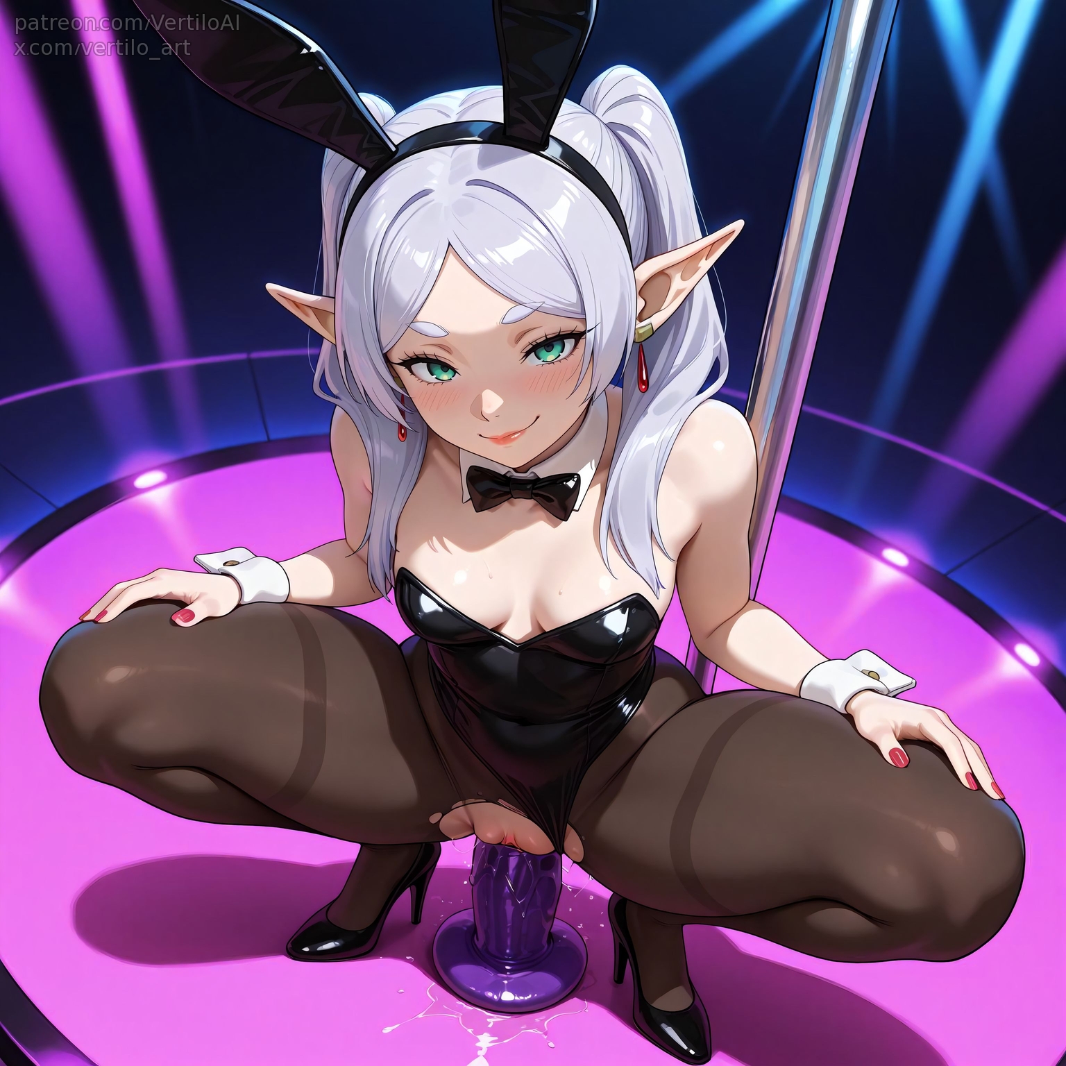 1girls, ai generated, breasts, bunnysuit, dildo, female, female masturbation, female only, frieren, high heels, leotard, leotard aside, masturbation, pantyhose, pointy ears, pussy, small breasts, smile, solo, sousou no frieren, spread legs, squatting, stripper, stripper pole, torn clothes, vaginal object insertion, vaginal penetration, vertiloart