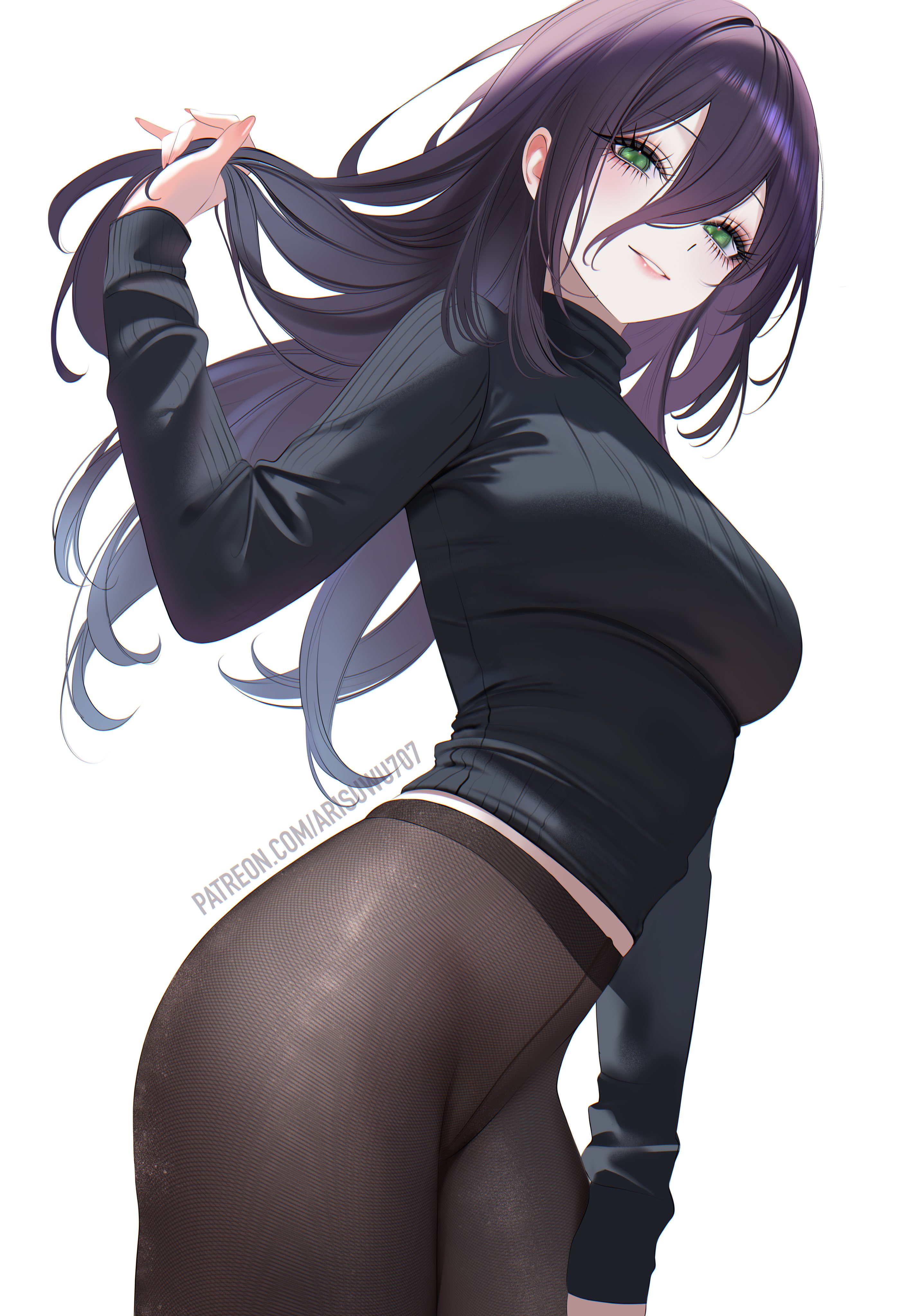 707arisu, absurdres, alternate hair length, alternate hairstyle, black pantyhose, black sweater, breasts, chainsaw man, commentary, english commentary, female, green eyes, grin, hair between eyes, hand in own hair, hand up, highres, long hair, long hair between eyes, looking at viewer, medium breasts, no pants, pantyhose, purple hair, reze (chainsaw man), simple background, smile, solo, sweater, turtleneck, turtleneck sweater, white background