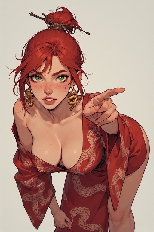 1girls, ai, ai generated, bending over, bent over, boa hancock (cosplay), breasts, cd projekt red, cosplay, crossover, crossover cosplay, earrings, female, female focus, female only, freckles, freckles on breasts, freckles on face, golden earrings, green eyes, hair knot, kimono, one piece, pointing, pointing at viewer, quinzo11, red hair, red kimono, self upload, shounen jump, simple background, snake earrings, snake pattern, teeth visible, the witcher (series), the witcher 3: wild hunt, toei animation, triss merigold, white background