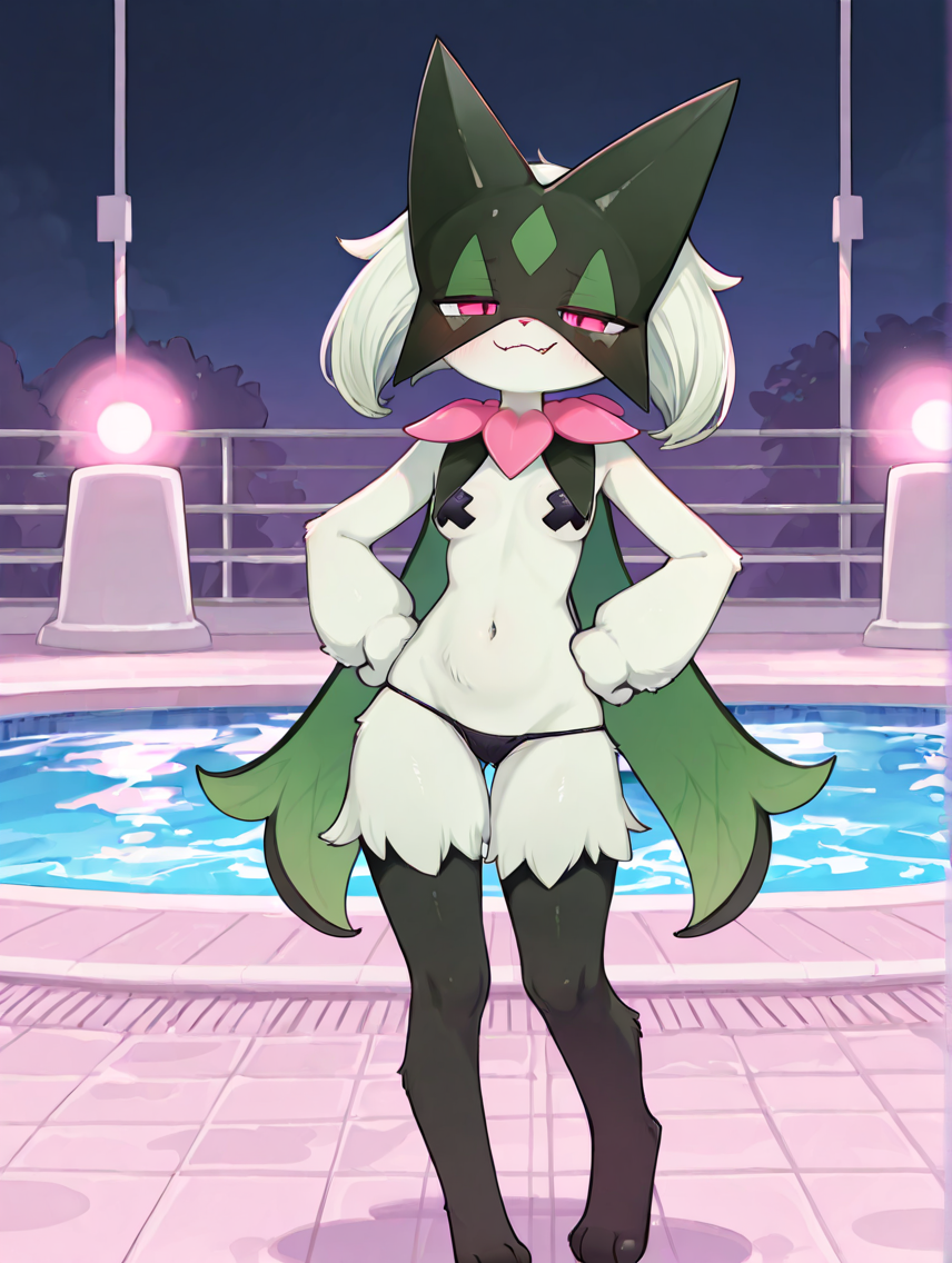 2d, ai generated, aifurryposter69, anthro, anthro female, anthro only, breasts, fangs, female, female focus, female only, furry, furry female, furry only, hands on hips, looking at viewer, meowscarada, narrowed eyes, nintendo, panties, pasties, pokemon, pokemon (species), poolside, small breasts, smile, smug, solo, solo female, thigh gap