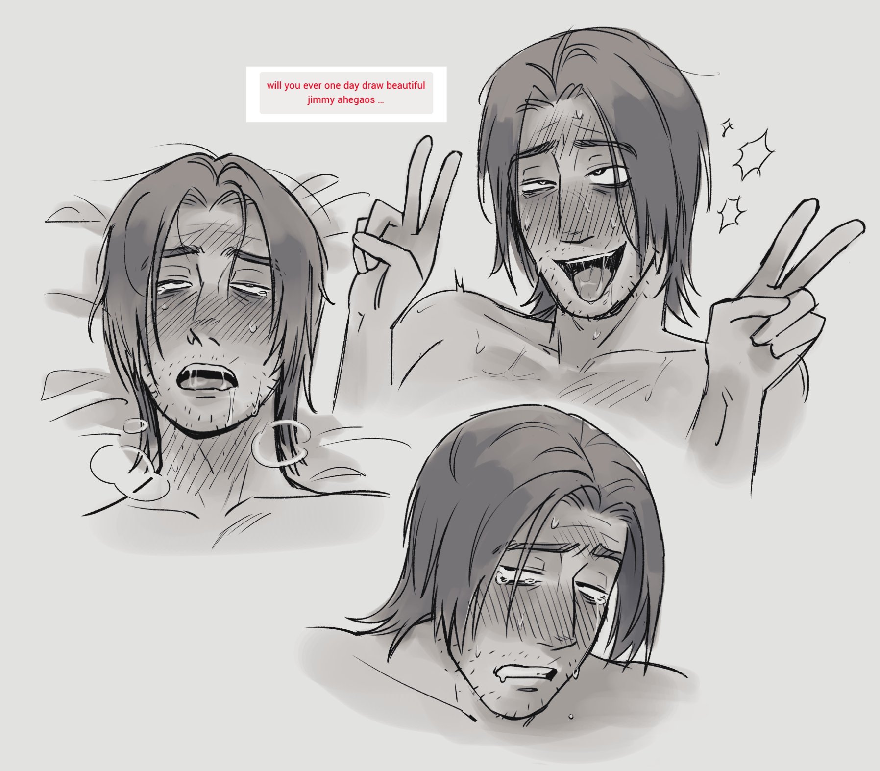 ahegao, ahegao face, blush, crossed eyes, doodle, drool string, drooling, eyes crossed, eyes rolled back, eyes rolling back, furrowed brow, gray background, grey background, jimmy (mouthwashing), mouthwashing, no background, oh my god jimmy i fucking need you, on back, panting, peace sign, steam, steamy breath, strawpage request, sweat, tears, tears in eyes, tongue out, zzoupz