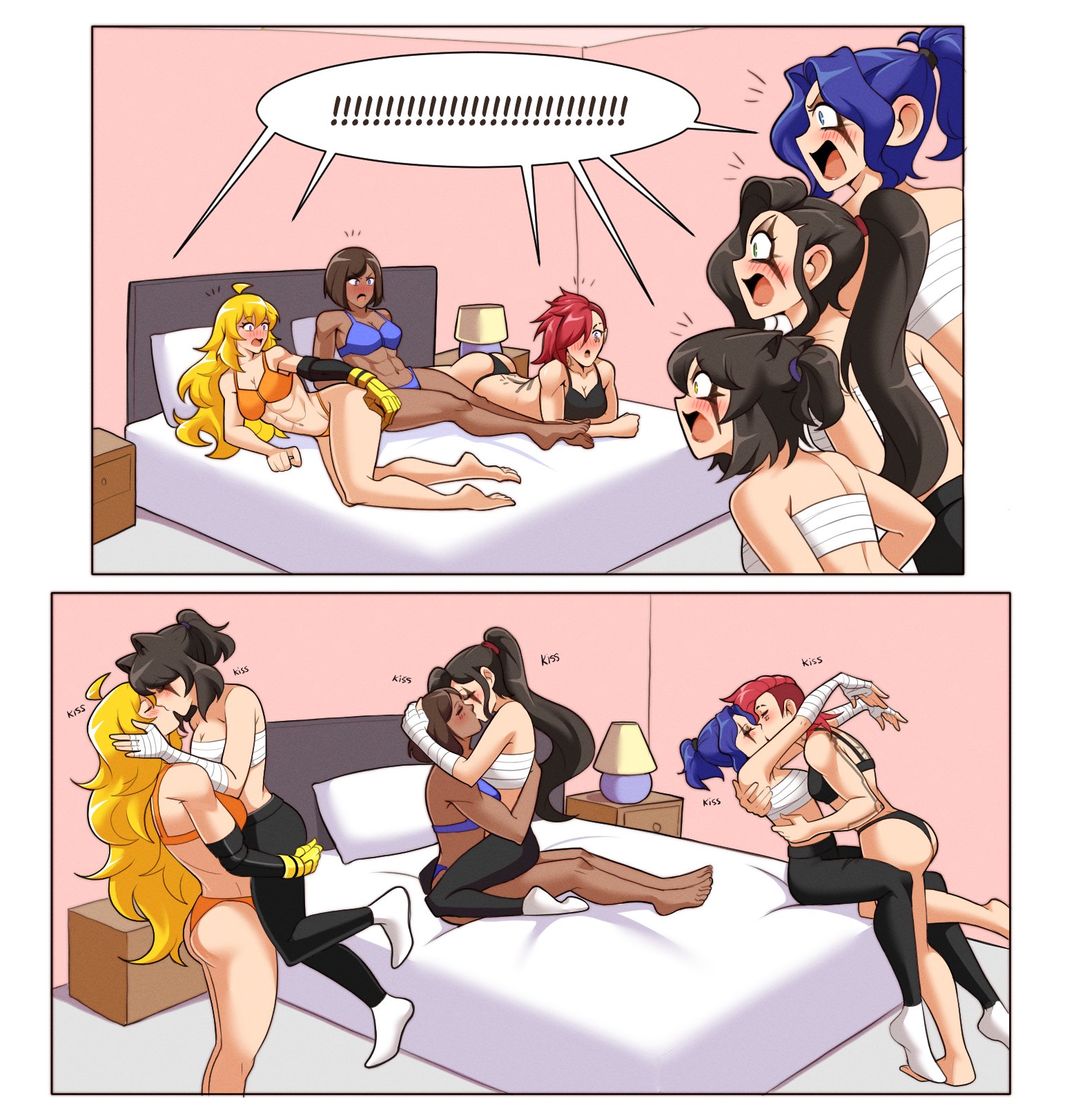 6+girls, abs, arcane, arcane caitlyn, arcane vi, asami sato, blake belladonna, blonde hair, blue hair, butch, caitlyn kiramman, cat ears, catgirl, comic, crossover, dark-skinned female, english text, female, female only, female/female, interracial yuri, korra, league of legends, lesbian kiss, lesbian orgy, muscular, muscular female, orgy, rwby, speech bubble, the legend of korra, tomboy, vi, yang xiao long, yellow nicky (artist), yuri