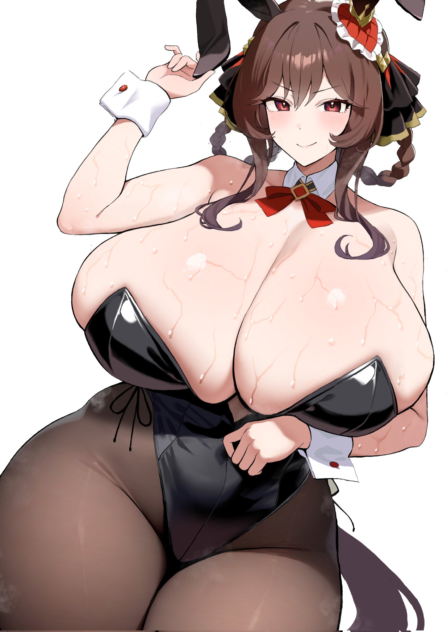 1girls, blush, braided hair, breasts, brown hair, bunnysuit, busty, cleavage, dashi kani, female, female only, gentildonna (umamusume), gigantic breasts, hair ornament, hair ribbon, hair rings, horse ears, horse girl, huge breasts, leotard, looking at viewer, pantyhose, red eyes, smile, solo, sweat, sweaty body, sweaty breasts, thick thighs, umamusume, umamusume pretty derby, wide hips