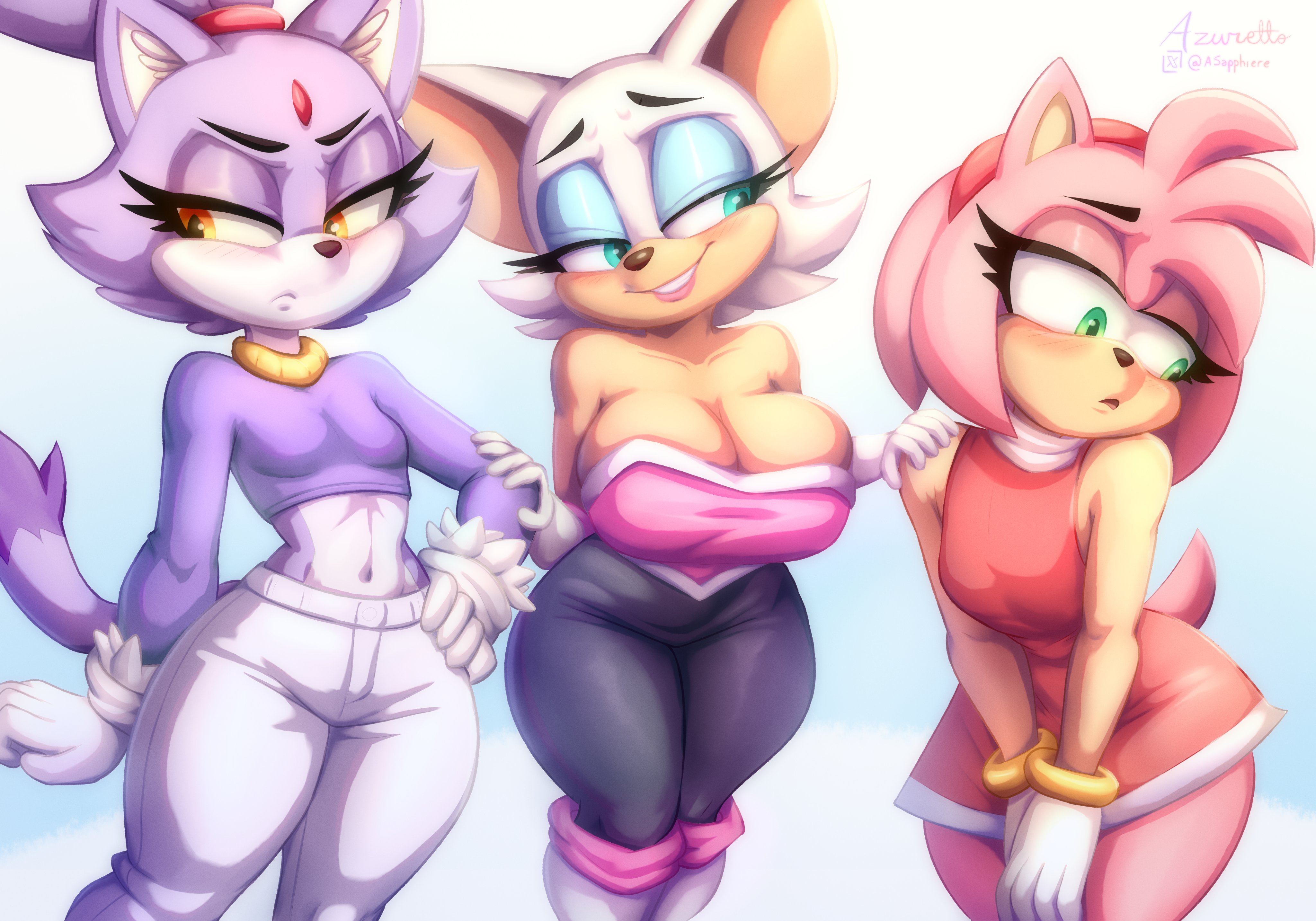 3girls, amy rose, anthro, anthro female, azuretto, blaze the cat, curvy, female, female anthro, furry female, mobian (species), rouge the bat, sonic (series), sonic the hedgehog (series), voluptuous female