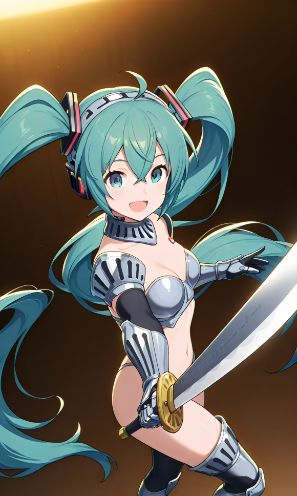 1girl :d ai_generated armor armored_female bikini bikini_armor blue_eyes breasts clothed cyan_hair female gauntlets happy hatsune_miku holding_sword holding_weapon long_hair looking_at_viewer medium_breasts pale pixai pose simple_background slim slim_girl solo sword thigh_boots twintails vocaloid