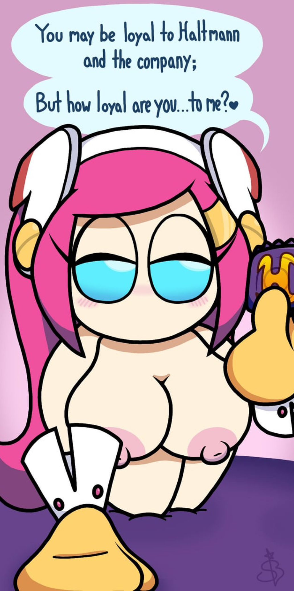 1girls, ass, blue eyes, breasts, condom, condom wrapper, english text, female, kirby (series), large breasts, on bed, pink hair, speech bubble, susanna patrya haltmann, susie (kirby), tagme, text, thick thighs, voluptuous