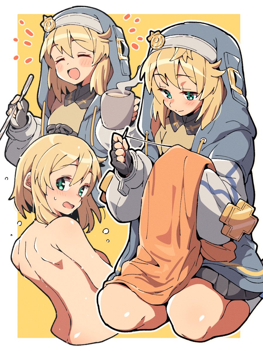1girls, androgyne symbol, blonde hair, bridget, covering, embarrassed, female, green eyes, guilty gear, hoodie, itsuka neru, nude, tagme, teenager, trans, trans woman, transfem, transgender, transgender symbol, transgender woman