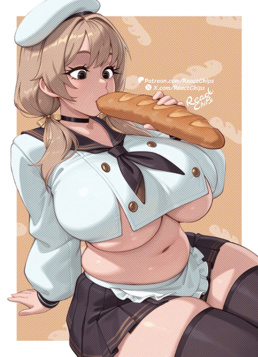 1girls, absurd res, ai generated, apron, apron only, bbw, belly, big breasts, bread, bread in mouth, bready (nikke), breasts, breasts bigger than head, brown eyes, brown hair, busty, choker, chubby, chubby female, clothed, clothing, digital media (artwork), eyebrows, eyelashes, female, female focus, female only, food, food in mouth, glistening, glistening body, goddess of victory: nikke, headgear, headwear, hi res, huge breasts, large breasts, light skin, light-skinned female, motion lines, plump, reactchips, solo, stockings, thick thighs, thighhighs, thunder thighs, tight clothing, top heavy, twitter link, venus body, video games, voluptuous, voluptuous female, wide hips