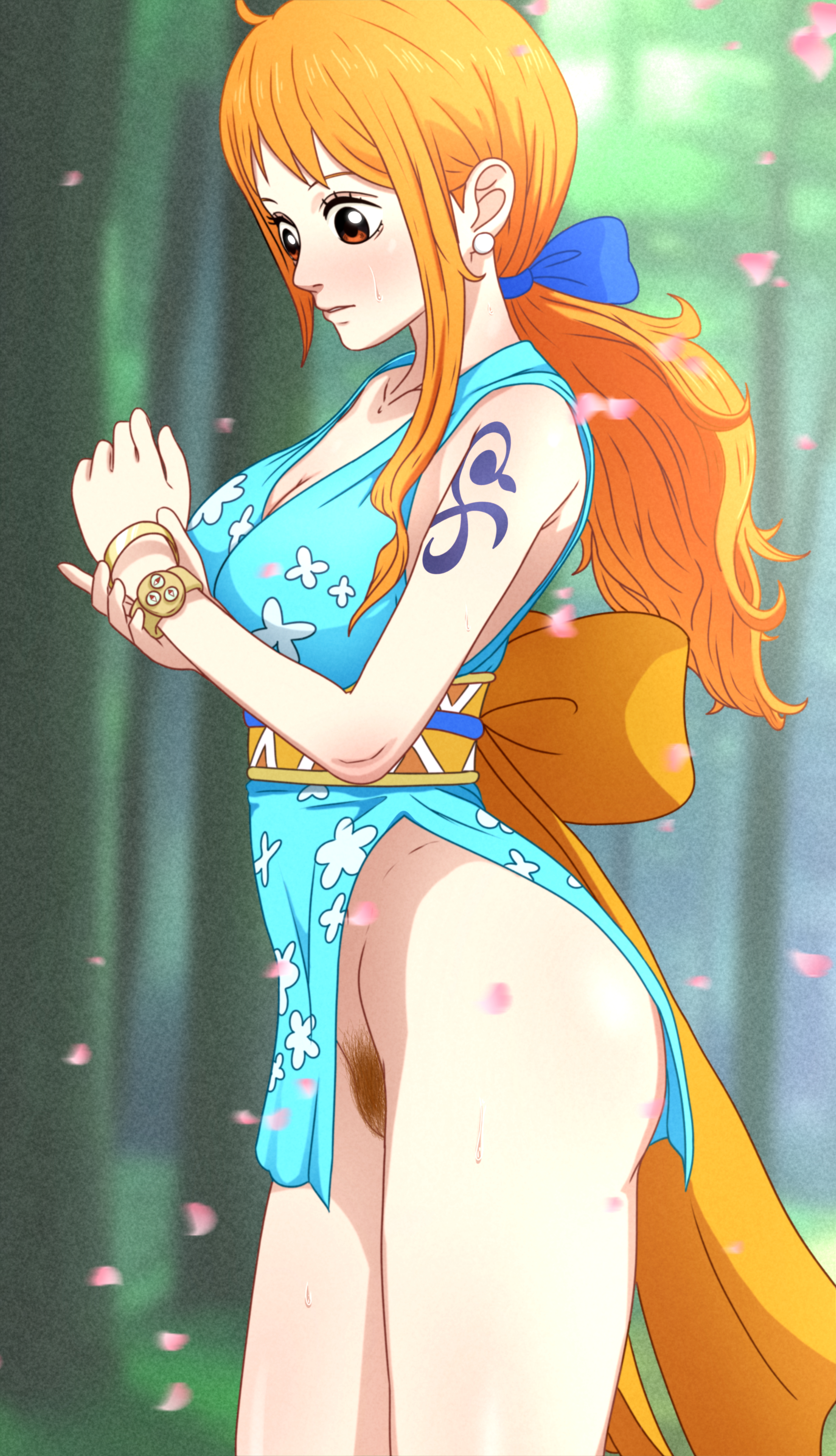 1girls, 2d, 2d (artwork), arm tattoo, ass, blue tattoo, breasts, bush, clothing, embarrassed, female, female only, female pubic hair, hairy pussy, light skin, light-skinned female, log pose, long hair, nami (one piece), no bra, no panties, noxdsa, nude, nude female, onami, one piece, orange hair, orange-haired female, outfit, post-timeskip, pubic hair, pussy, solo, solo female, solo focus, tattoo, thick ass, thick thighs, thighs, wano country