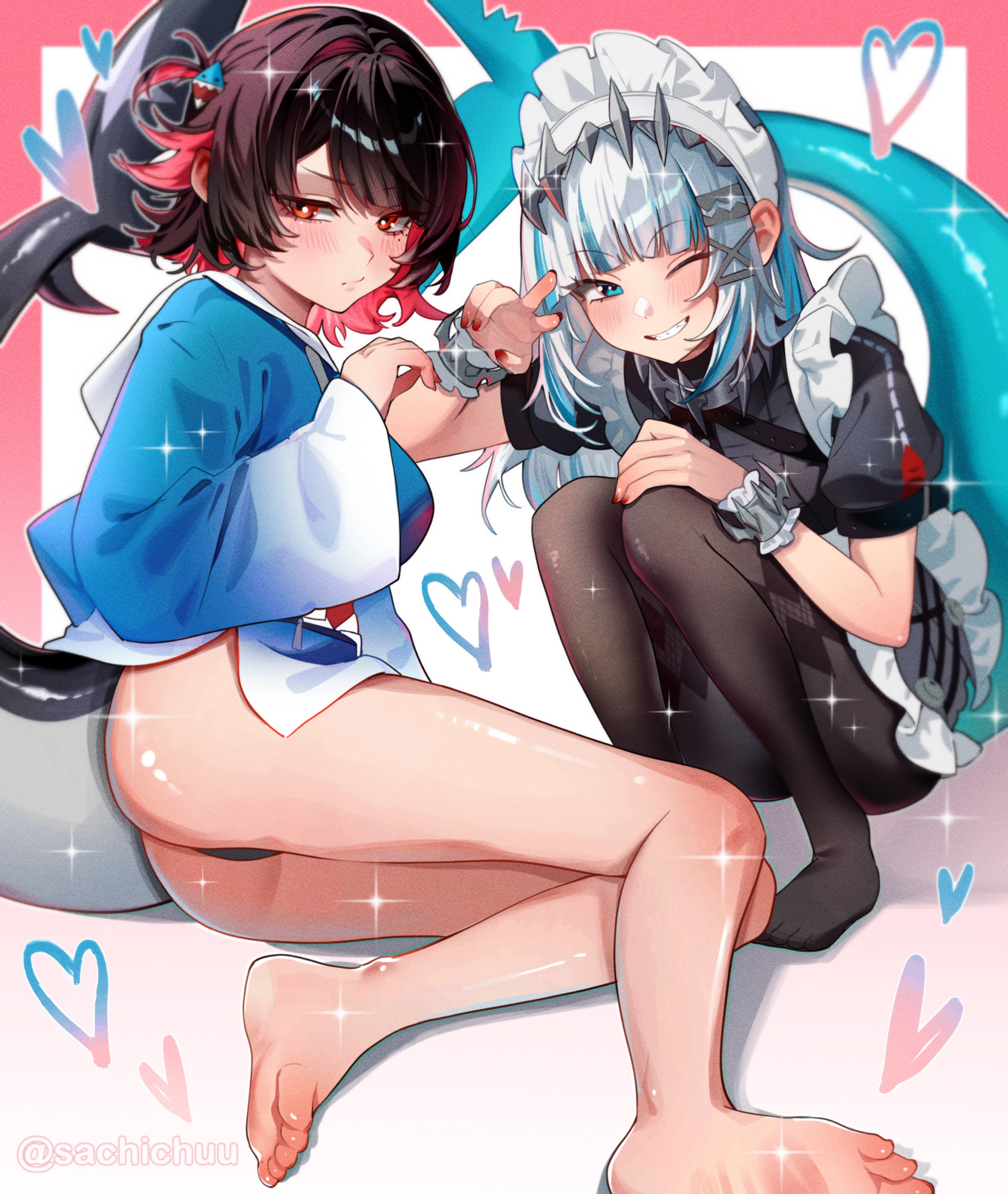 2girls, black hair, black panties, black thong, blush, bottomless, ellen joe, female, gawr gura, heart, hololive, hololive english, hololive myth, maid, maid uniform, multicolored hair, outfit swap, panties, pantyhose, red eyes, sachichuu, shark girl, shark tail, thong, turquoise eyes, turquoise hair, virtual youtuber, white hair, wink, winking at viewer, zenless zone zero