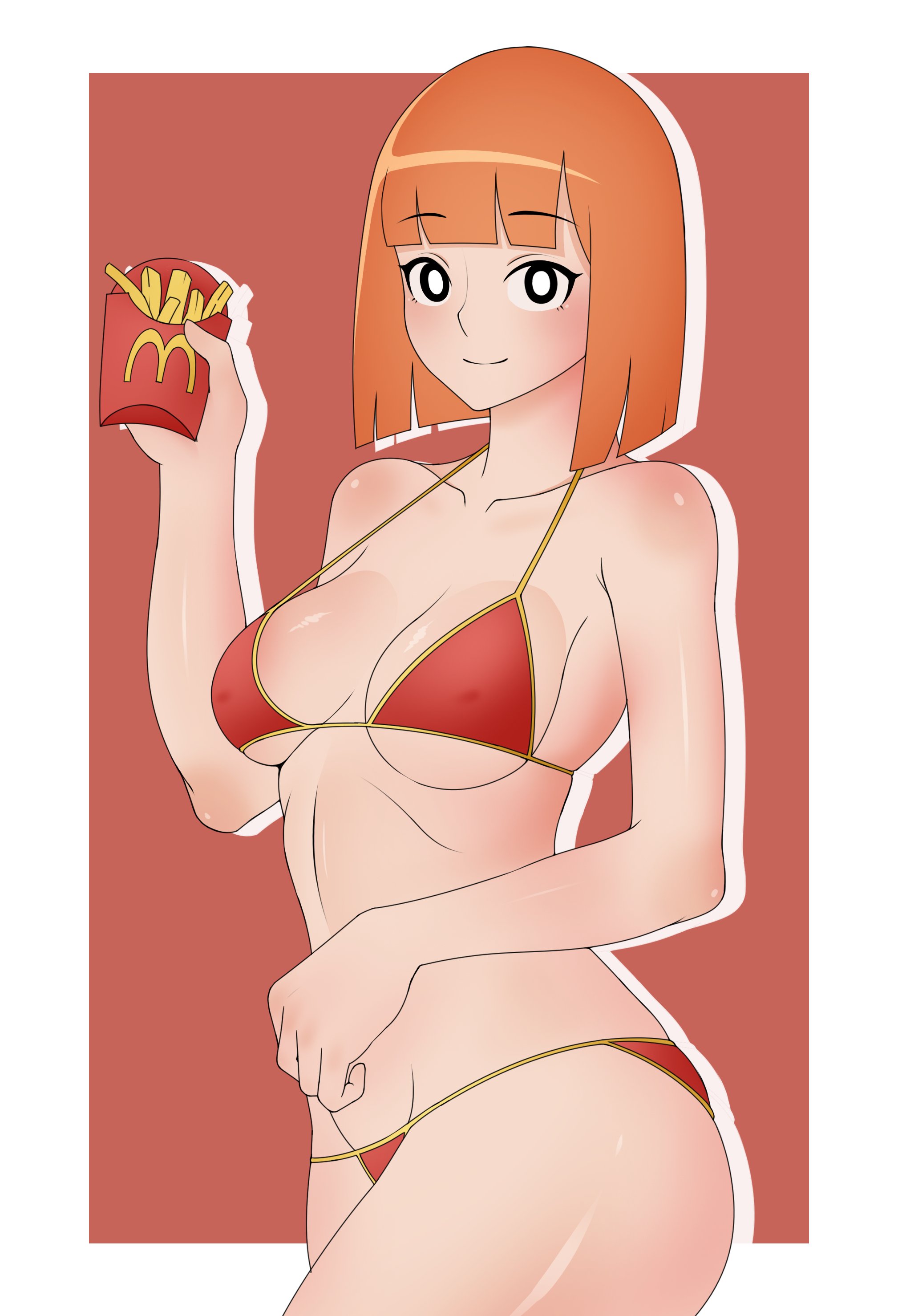 1girls, bikini, black eyes, black-eyed female, eyebrows visible through hair, female, hourglass figure, mcdonald's, milf, mom (japanese mcdonald's commercial), orange hair, orange-haired female, pointy chin, smile, white pupils, whiter 23 (23whiter), yoru mac