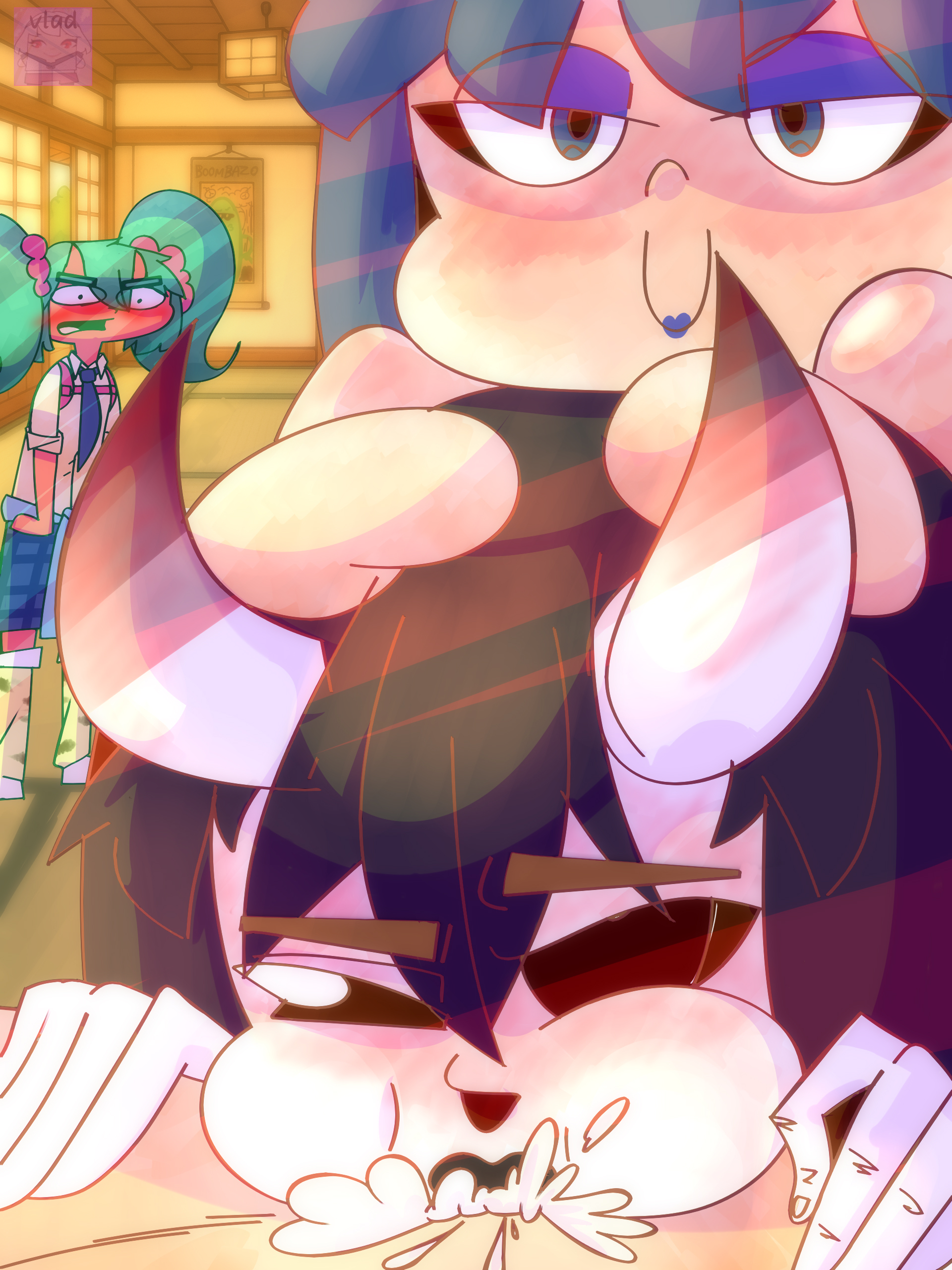 assisted fellatio, black hair, blowjob, blue hair, fellatio, fortnite, green hair, hope (fortnite), nemia (fortnite), night rose, parallel vlad, shaded, vi wesker, watching