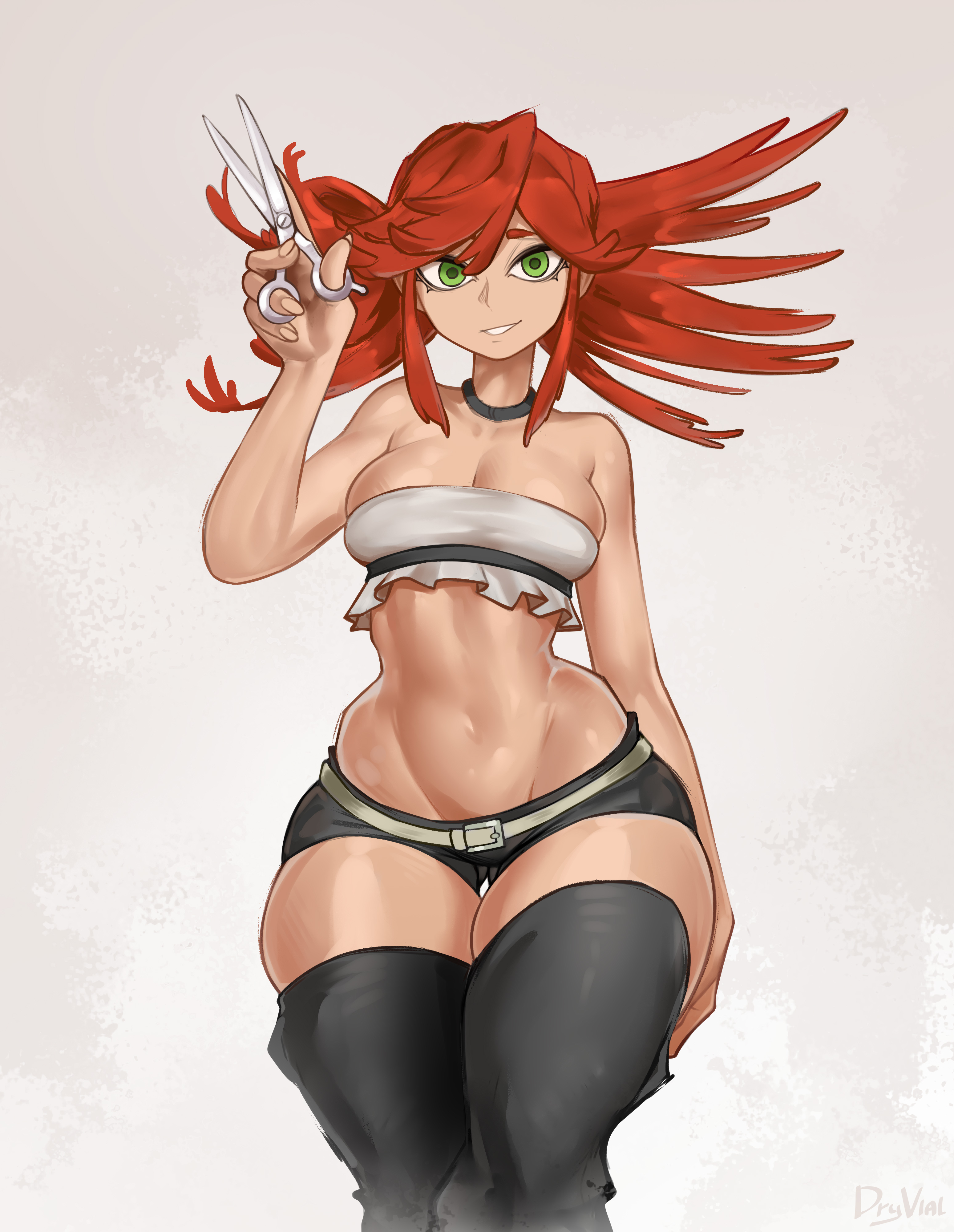 1girls, big breasts, breasts, clothed, clothing, dryvial, female, gachiakuta, green eyes, looking at viewer, medium breasts, red hair, riyou reaper, scissors, solo, solo female, thick thighs