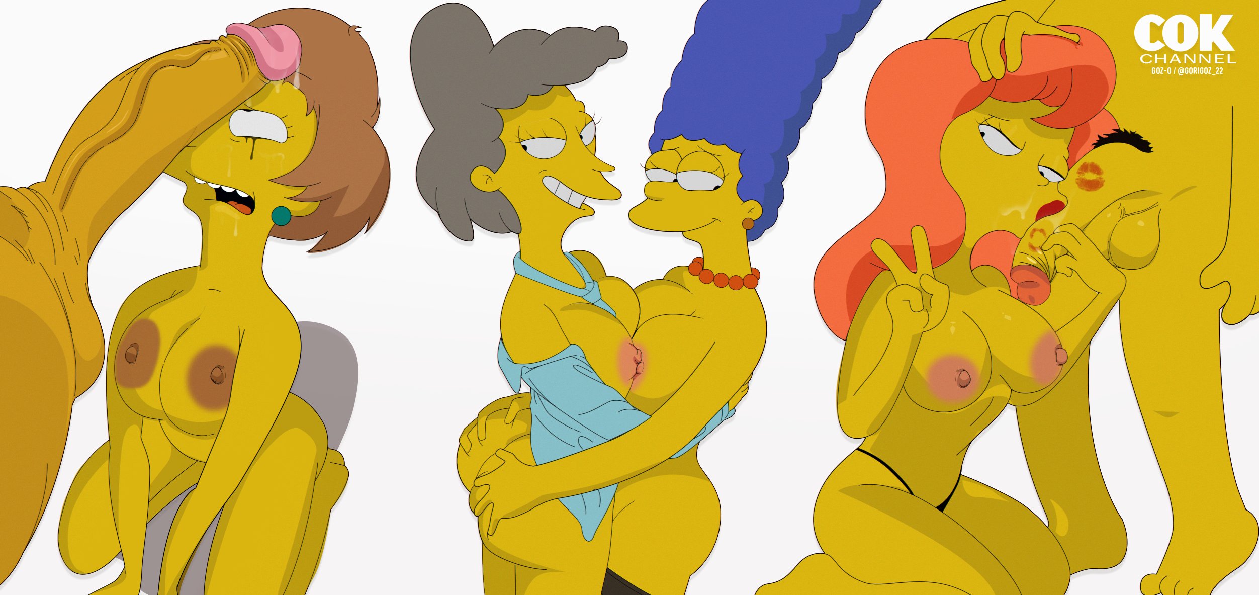 20th century fox, 20th century studios, 2boys, 4girls, big breasts, blue hair, breasts, edna krabappel, female, female focus, gosgoz, helen lovejoy, long hair, male, marge simpson, mature, mature female, milf, mindy simmons, mother, orange hair, partial male, short hair, the simpsons, yuri