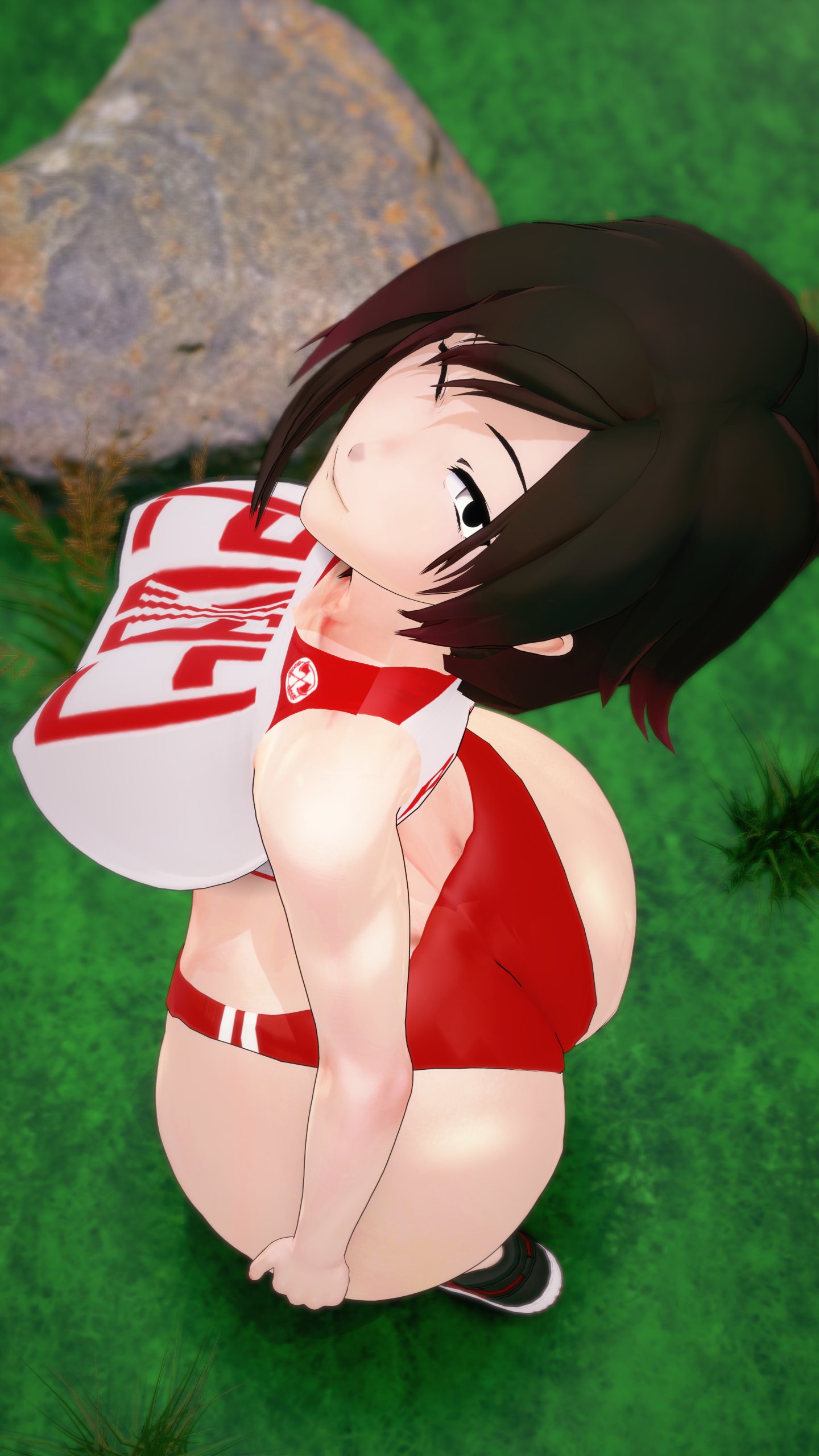 1girls, 3d, ass, big ass, big breasts, bottom heavy, breasts, clothes, female, female only, gym uniform, light skin, light-skinned female, looking up, morepolygons11, ruby rose, ruby rose (skuddbutt), rwby, smile, solo, solo female