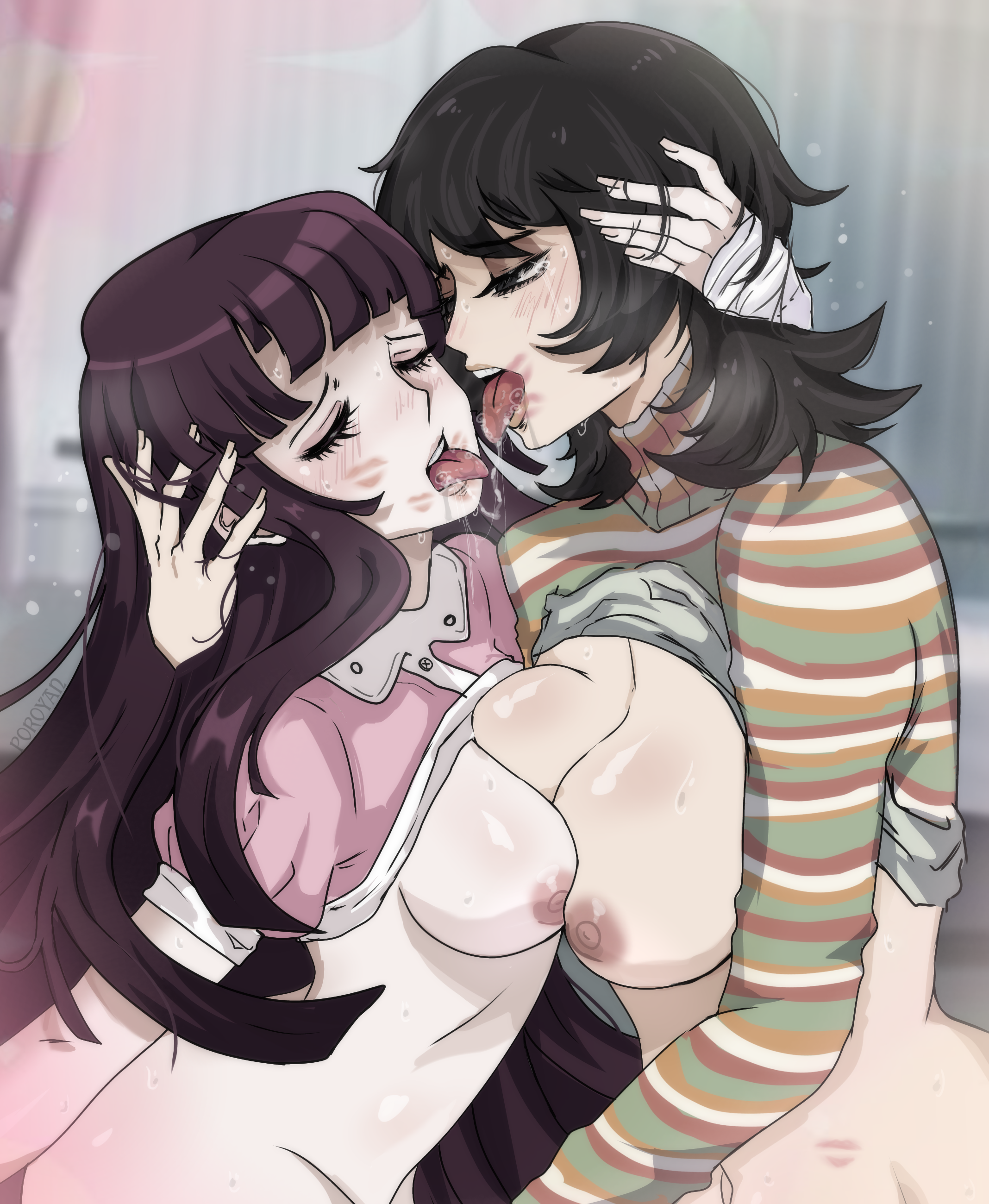 2girls, anya (mouthwashing), areolae, bandaged arm, belly, black eyes, black hair, blush, blush lines, boobs out, breast press, breasts, breath cloud, breathing, canon rape victim, canonical rape victim, clothes lift, crack pairing, crossover, crossover pairing, crossover shipping, cute but busty, danganronpa, danganronpa 2: goodbye despair, eyelashes, female, female focus, female only, female/female, half-closed eyes, hand on head, heavy breathing, highres, kissing, lesbian kiss, lipstick, lipstick mark, long eyelashes, long hair, making out, moaning, mole under eye, mouthwashing, mouthwashing (game), nipples, nurse, open mouth, poroyanv12, purple hair, rape victim, saliva, saliva trail, shirt lift, short hair, slender waist, sweat, tears, teeth, tongue, tongue out, trait connection, tsumiki mikan, turtleneck, yuri