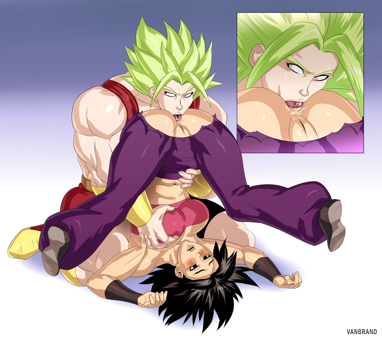 2girls, anilingus, anus, ass, black hair, boots, breasts, caulifla, dragon ball, dragon ball super, eating ass, female, female only, green hair, hand on breast, huge breasts, kale, kale (berserker), legendary super saiyan, licking, light skin, light-skinned female, moaning, multiple females, multiple girls, muscles, muscular, muscular female, pussy, rimjob, rimming, saiyan, short hair, spiky hair, super saiyan, tongue, uncensored, vanbrand, yuri
